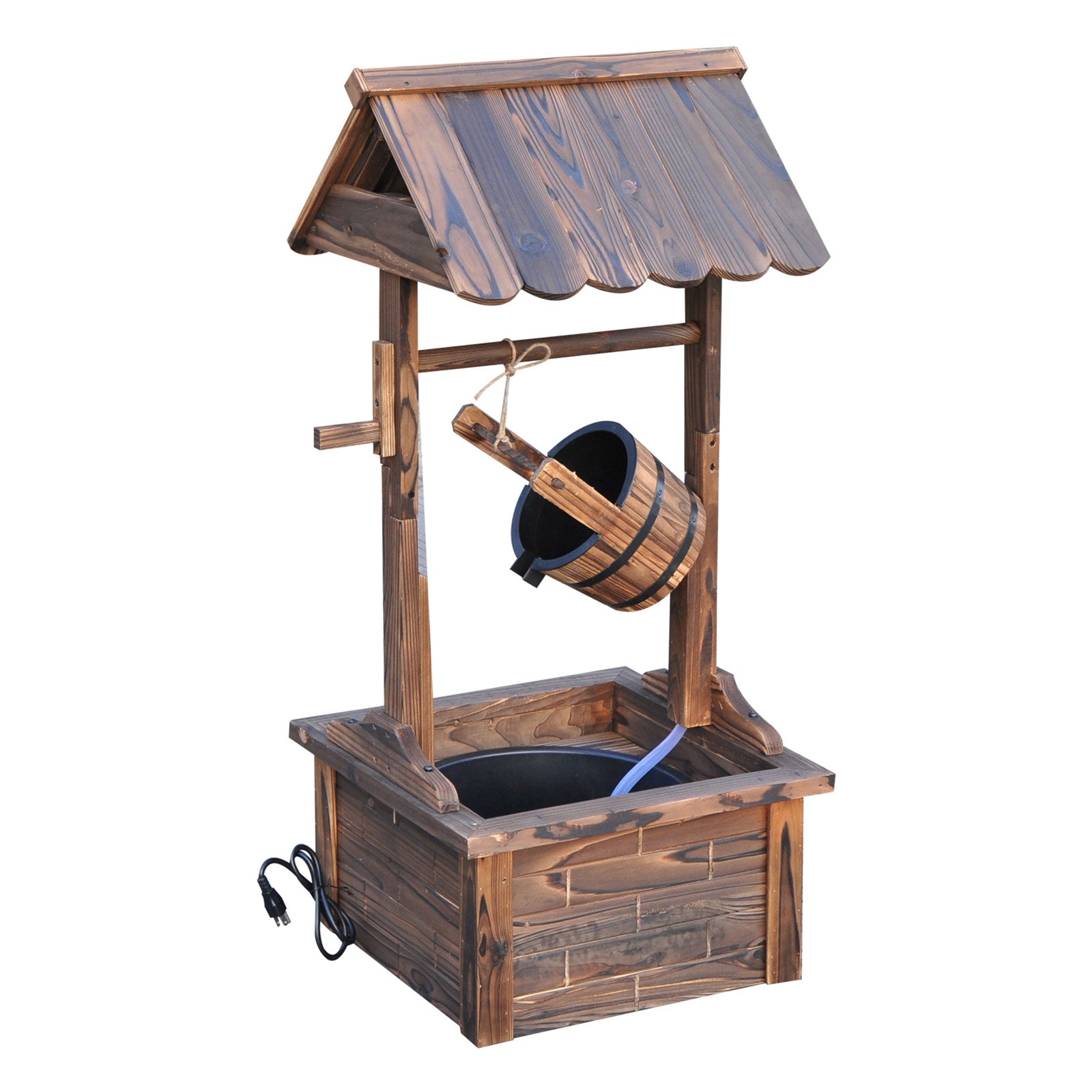 JXXRZ Wooden Wishing Well Fountain w/Adjustable Pump, Rustic Waterfall Bucket for Garden Patio Lawn, Carbonized Fir Wood
