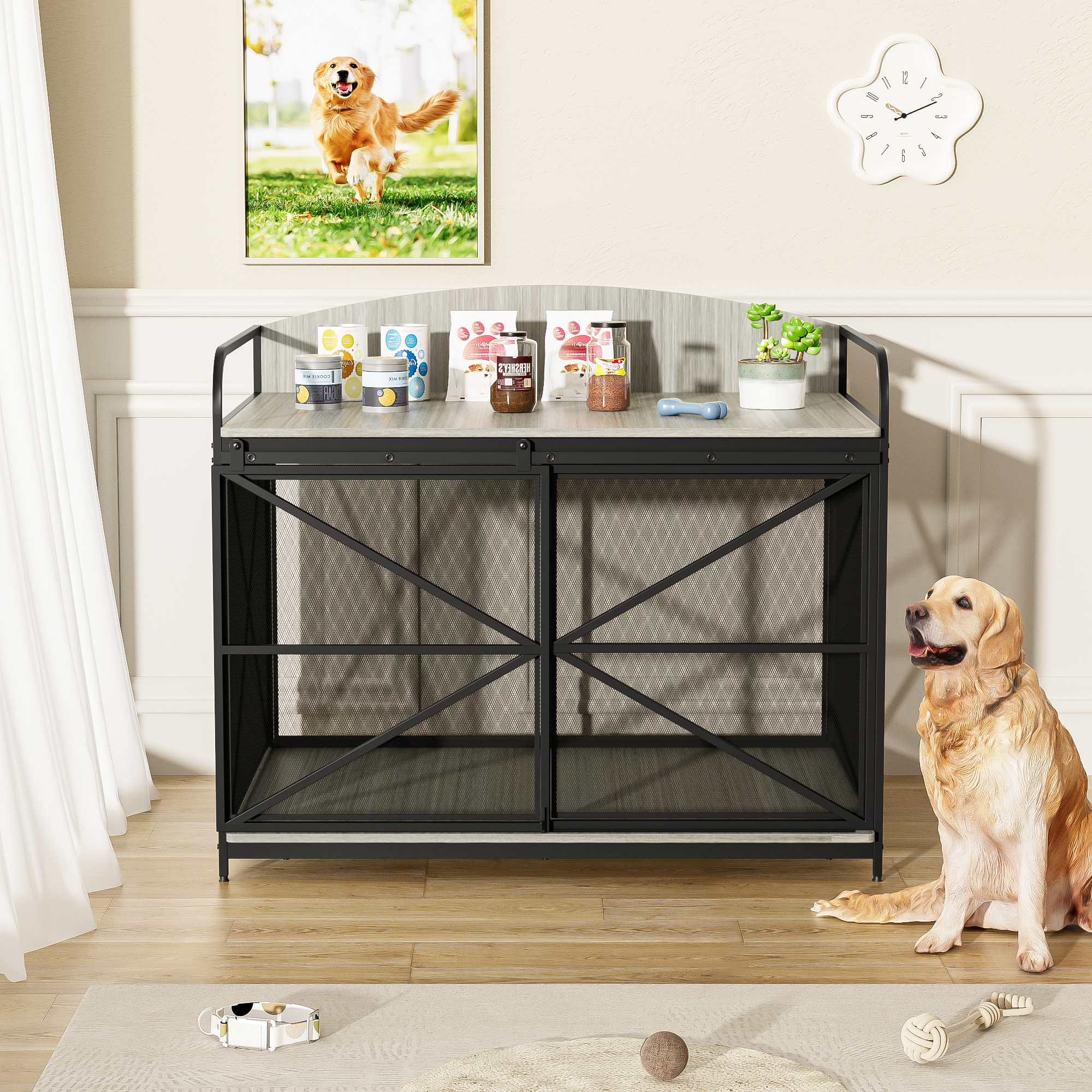 JXXRZ Farmhouse Dog Crate Furniture - Wooden Kennel Coffee Table w/Lock, 42.8" Indoor Pet House for 80lb Large Dogs，Grey