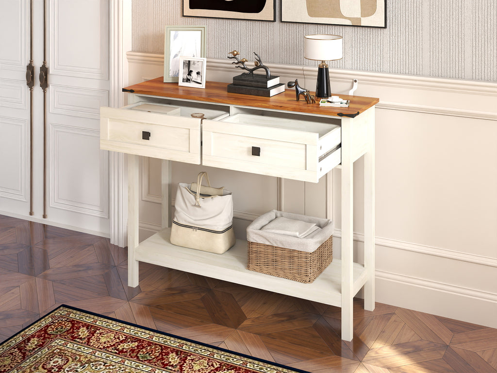 JXXRZ Farmhouse Console Table with 2 Drawers, Rustic Style | Sturdy Particle Board & MDF Frame, Antique White Finish
