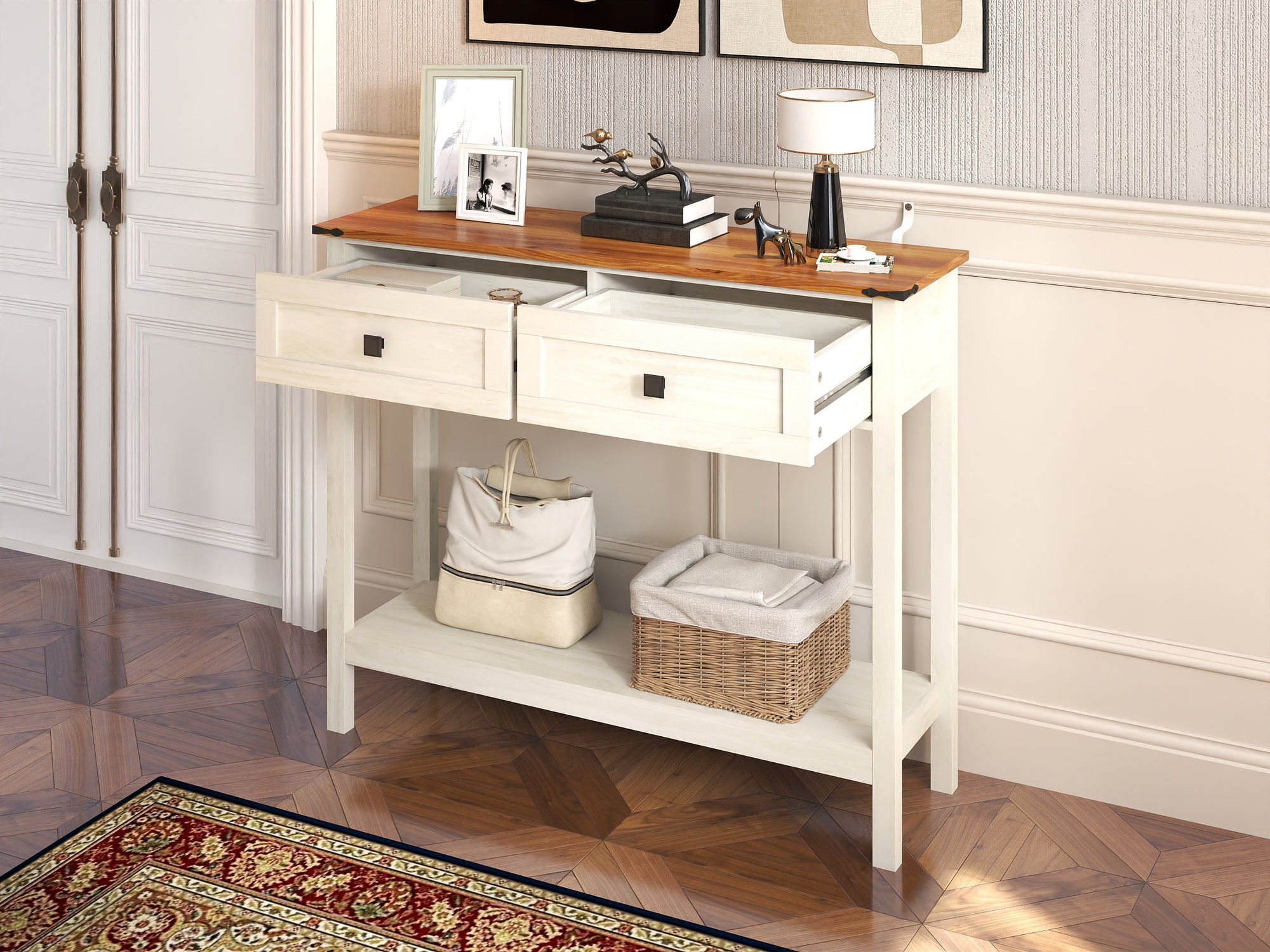 JXXRZ Farmhouse Console Table with 2 Drawers, Rustic Style | Sturdy Particle Board & MDF Frame, Antique White Finish