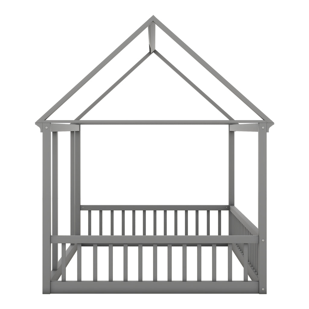 JXXRZ Twin/Full Wooden House Bed W Roof & Guardrails, Montessori Floor Bed Frame for Toddlers Kids, Grey