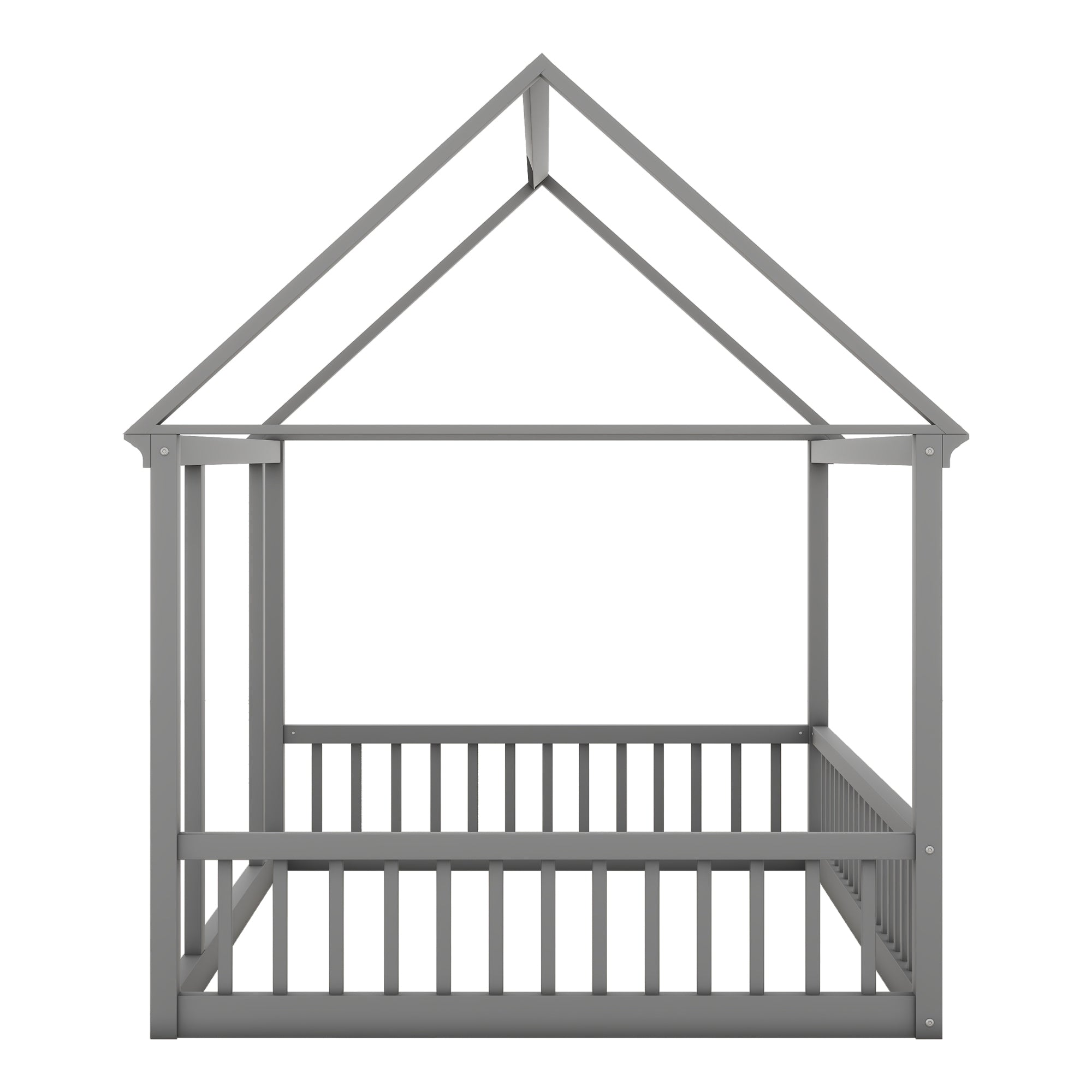 JXXRZ Twin/Full Wooden House Bed W Roof & Guardrails, Montessori Floor Bed Frame for Toddlers Kids, Grey