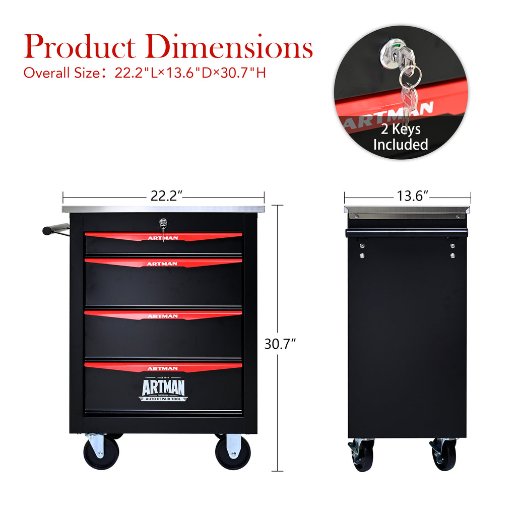 JXXRZ 4-Drawer Rolling Tool Cart with Wheels, Stainless Steel Top & Lock for Garage Workshop, Black&Red