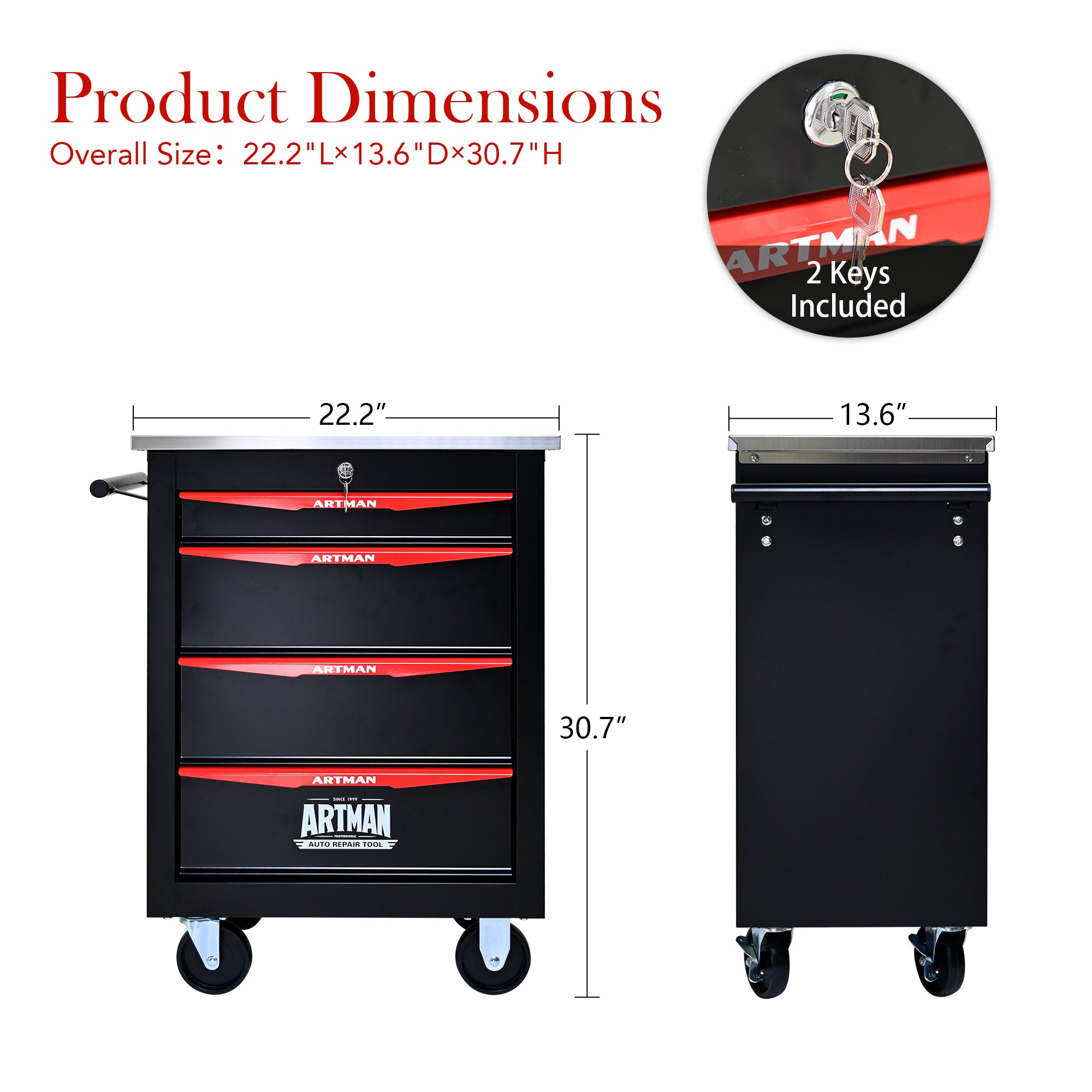 JXXRZ 4-Drawer Rolling Tool Cart with Wheels, Stainless Steel Top & Lock for Garage Workshop, Black&Red