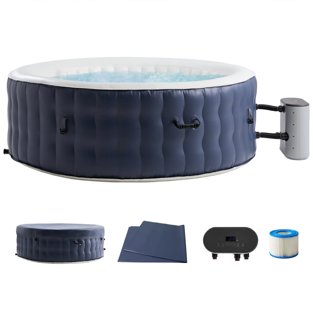 JXXRZ 4-6 Person Round Inflatable Hot Tub w/ 120 Jets, Manual Controls, Thermal Cover, 71x24", Indoor/Outdoor, Blue