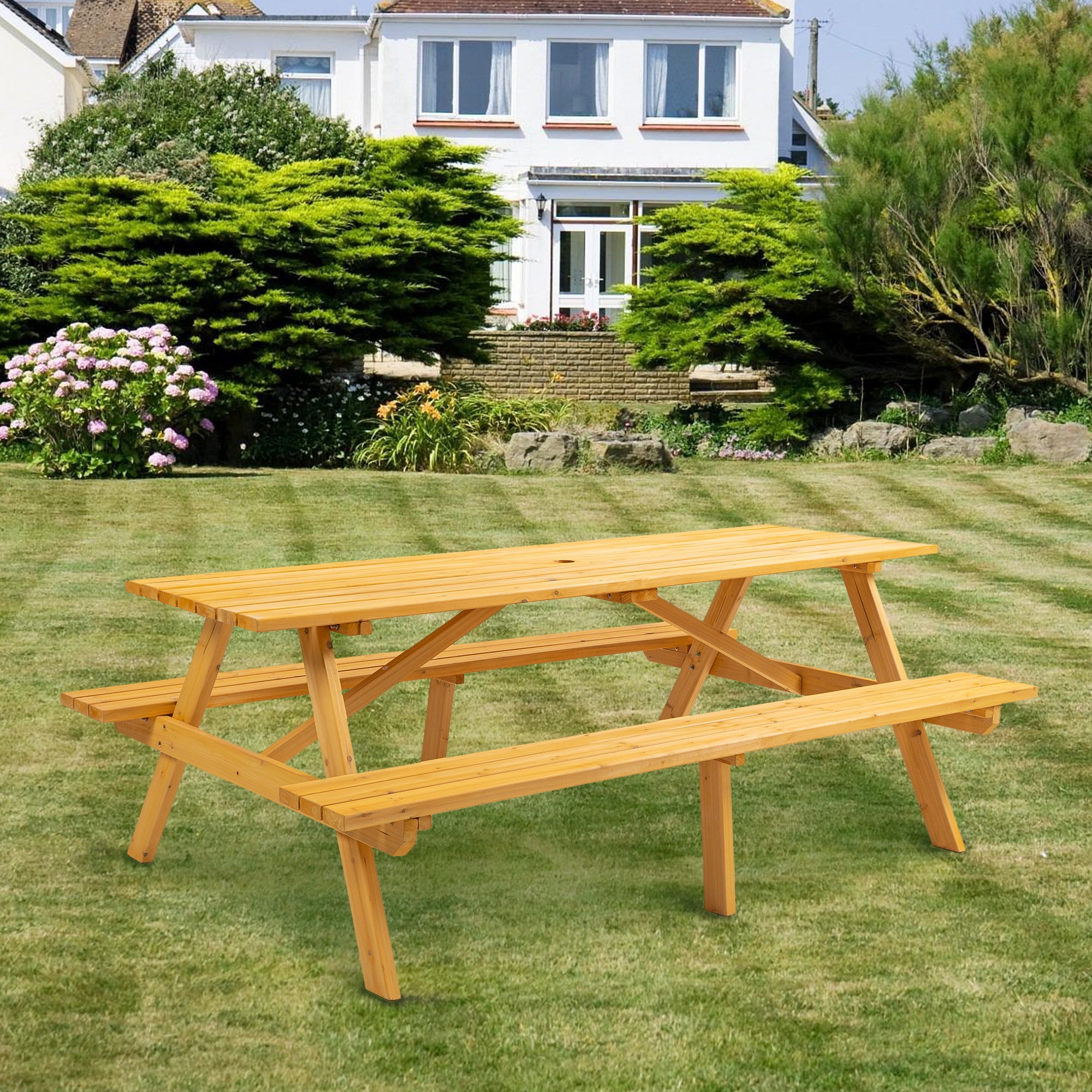 JXXRZ 8-Person Rectangular Outdoor Wooden Picnic Table w/ 2 Built-In Benches, 2220lb Capacity - Natural