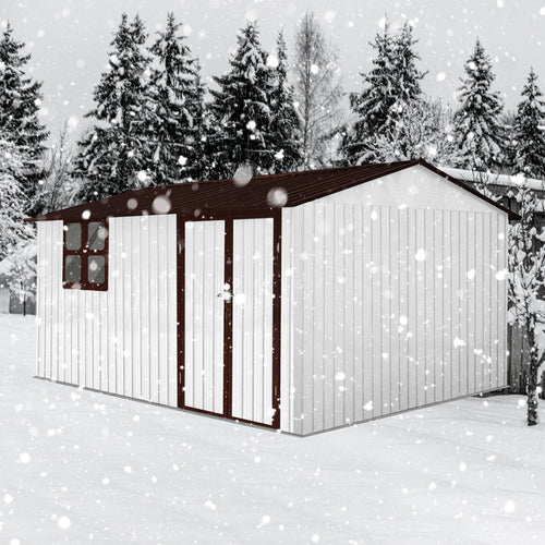 JXXRZ 10x12ft Metal Storage Shed with Windows, Galvanized Steel Outdoor Garden Shed & Lockable Doors,Brown&White
