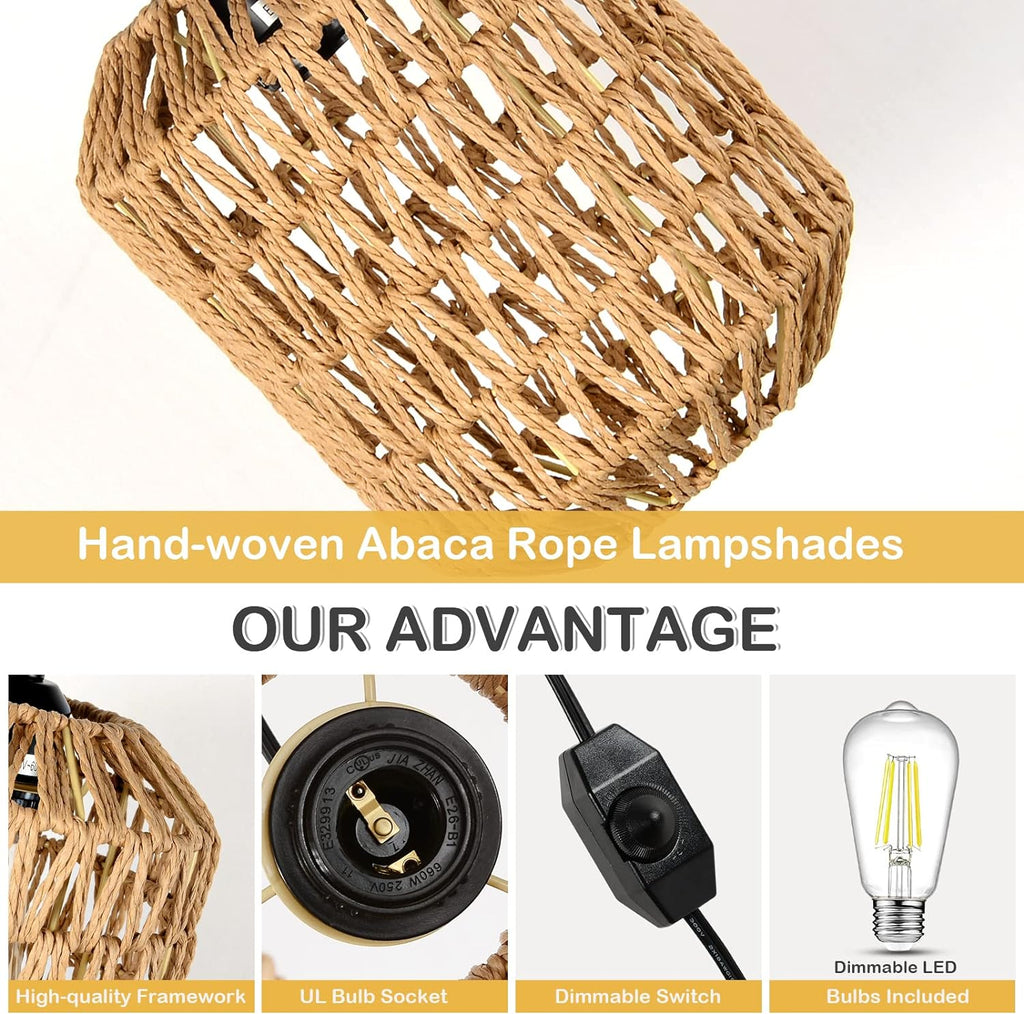 JXXRZ 16ft Plug-in Rattan Pendant Light with Dimmable LED, Boho Hanging Fixture for Bedroom/Patio