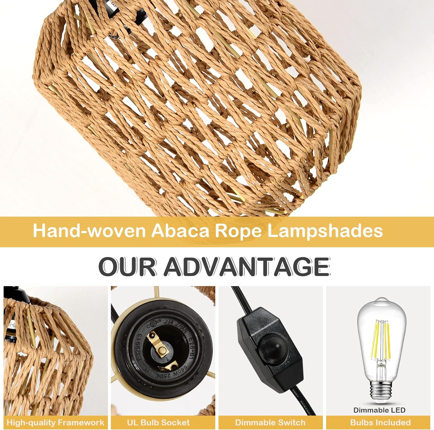 JXXRZ 16ft Plug-in Rattan Pendant Light with Dimmable LED, Boho Hanging Fixture for Bedroom/Patio
