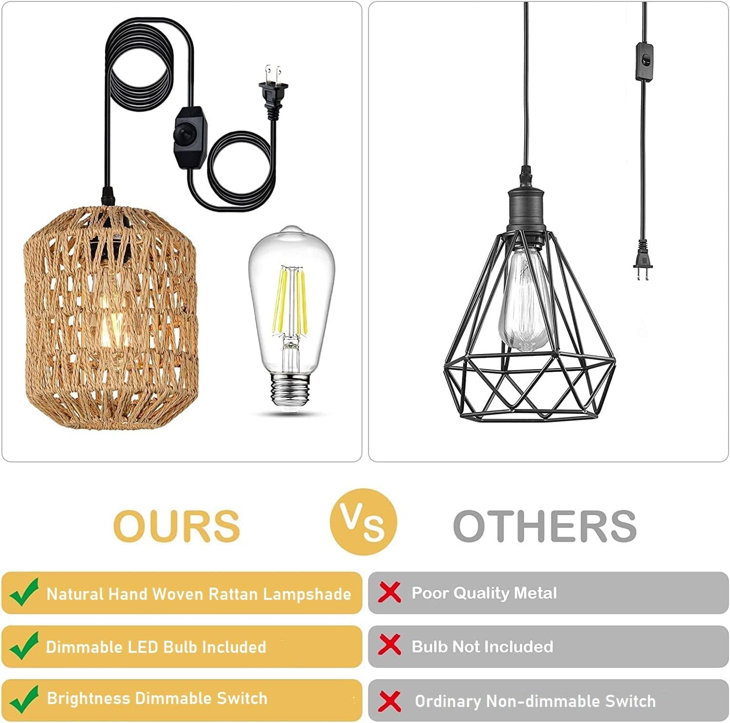 JXXRZ 16ft Plug-in Rattan Pendant Light with Dimmable LED, Boho Hanging Fixture for Bedroom/Patio
