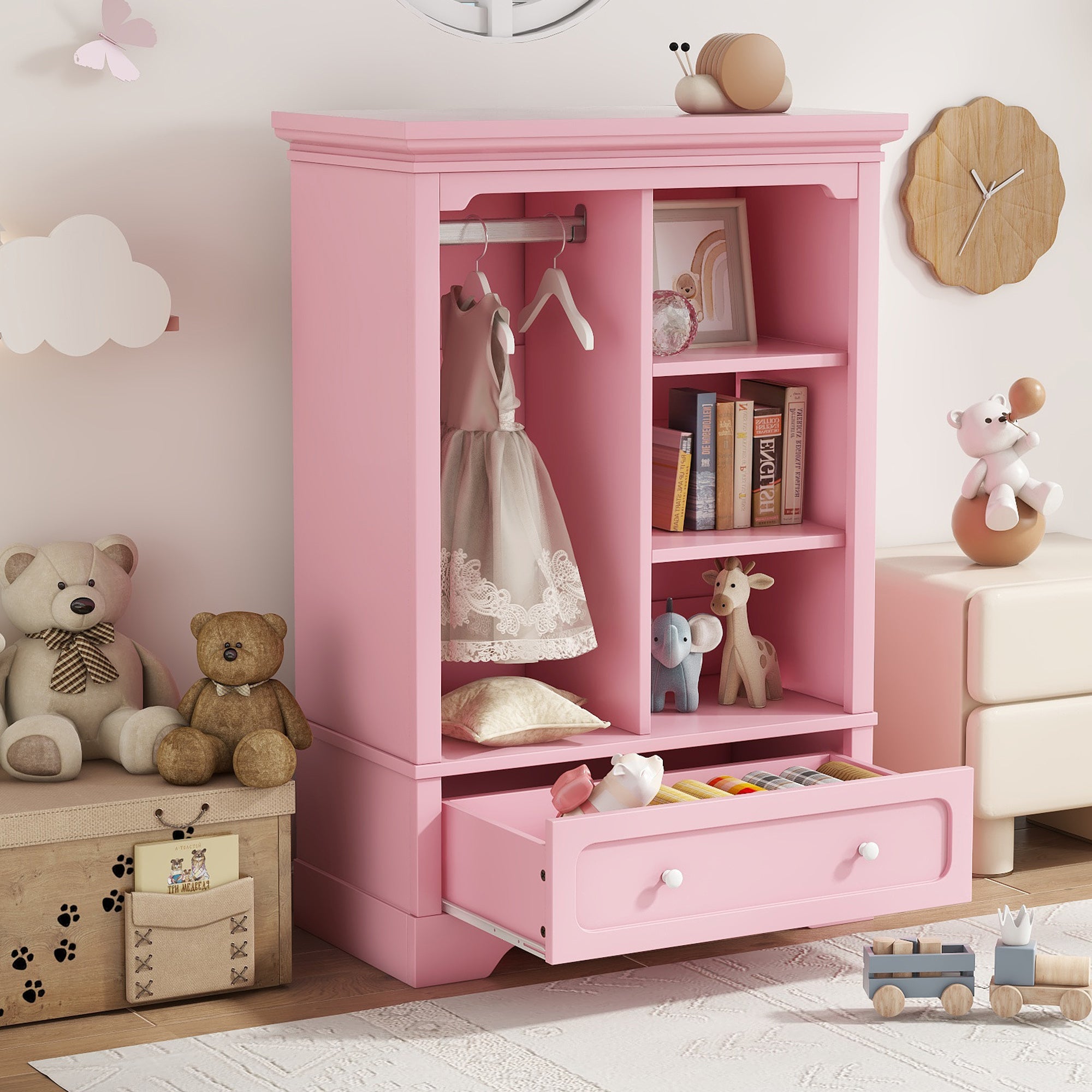 JXXRZ Kids Bedroom Armoire with Hanging Rod & XL Drawer - Montessori-Friendly Pink Wardrobe, Modern Nordic Nursery Decor