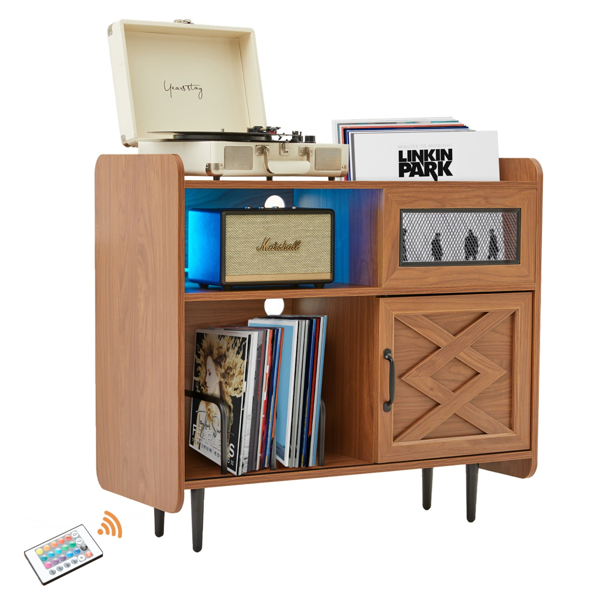 JXXRZ Record Player Stand w/ Charging Hub & RGB Lights, Holds 200+ Vinyl Albums, Media Storage Cabinet for Living Room Office