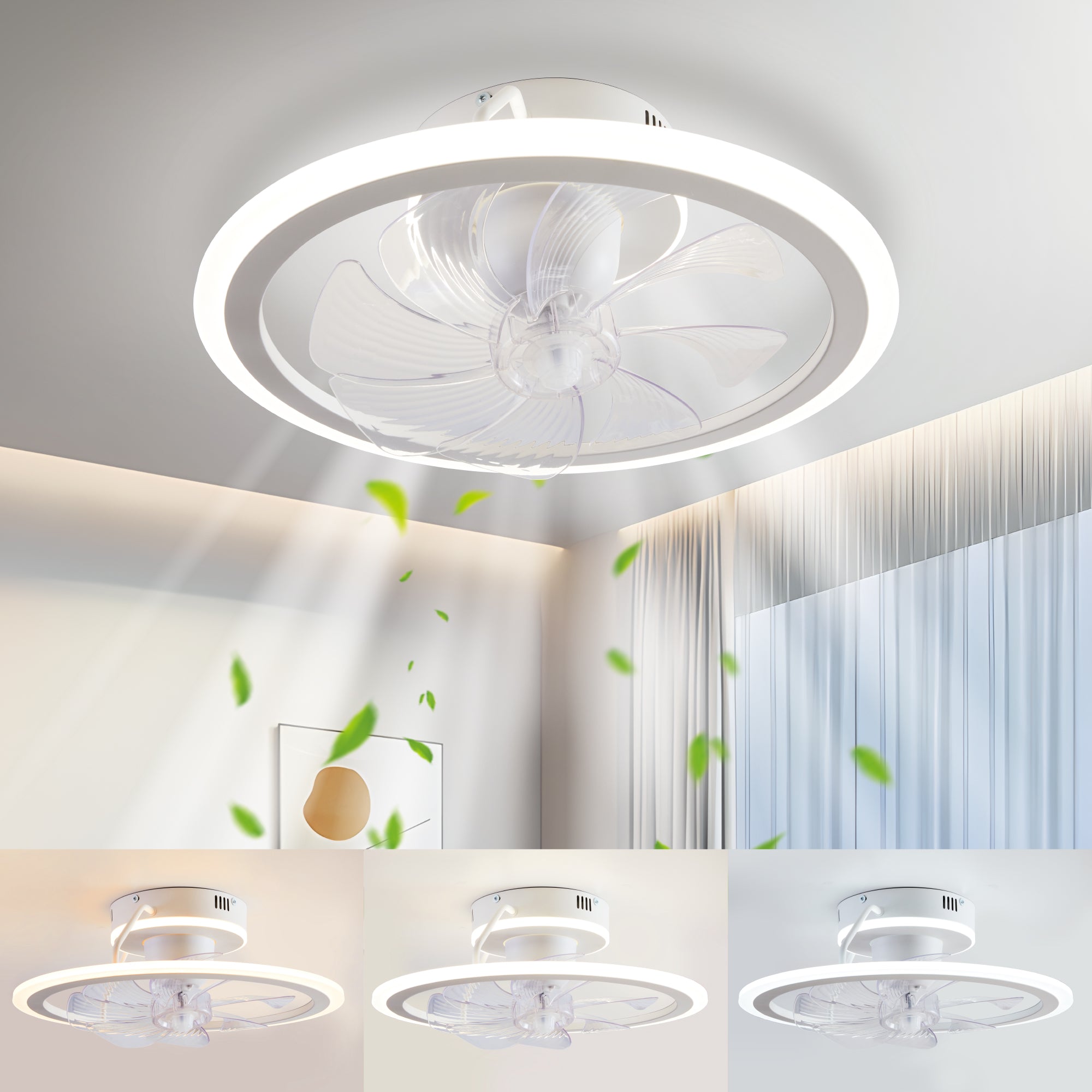 JXXRZ 20" Smart Flush Mount Ceiling Fan with Light - 6 Speeds, Oscillating, Dimmable LED 3000K-6500K, Remote Control, Bedroom White