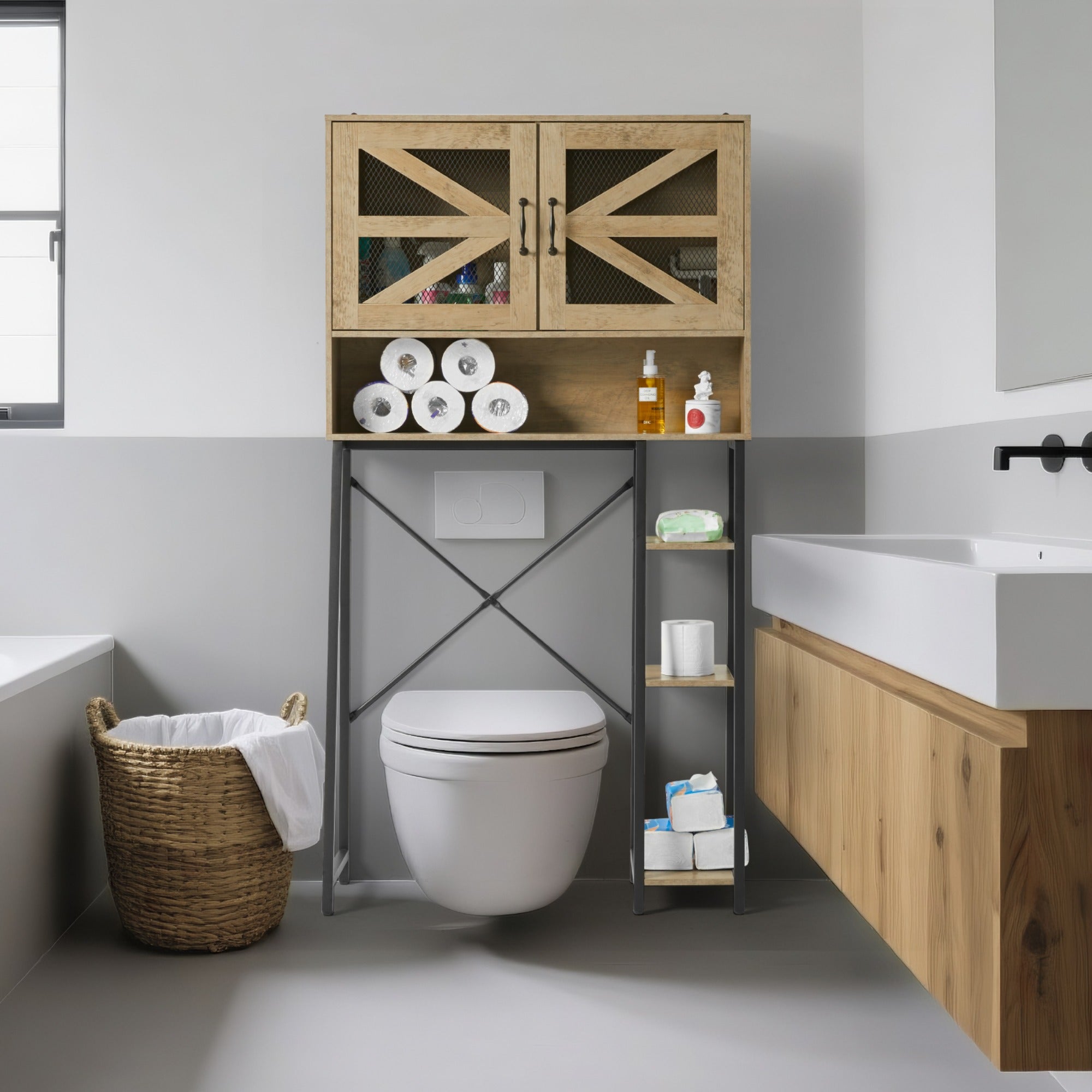 JXXRZ 61" Tall Over Toilet Storage Cabinet w/ Barn Doors, Side Shelves, Sturdy Over-Toilet Shelf Unit for Bathroom, Laundry