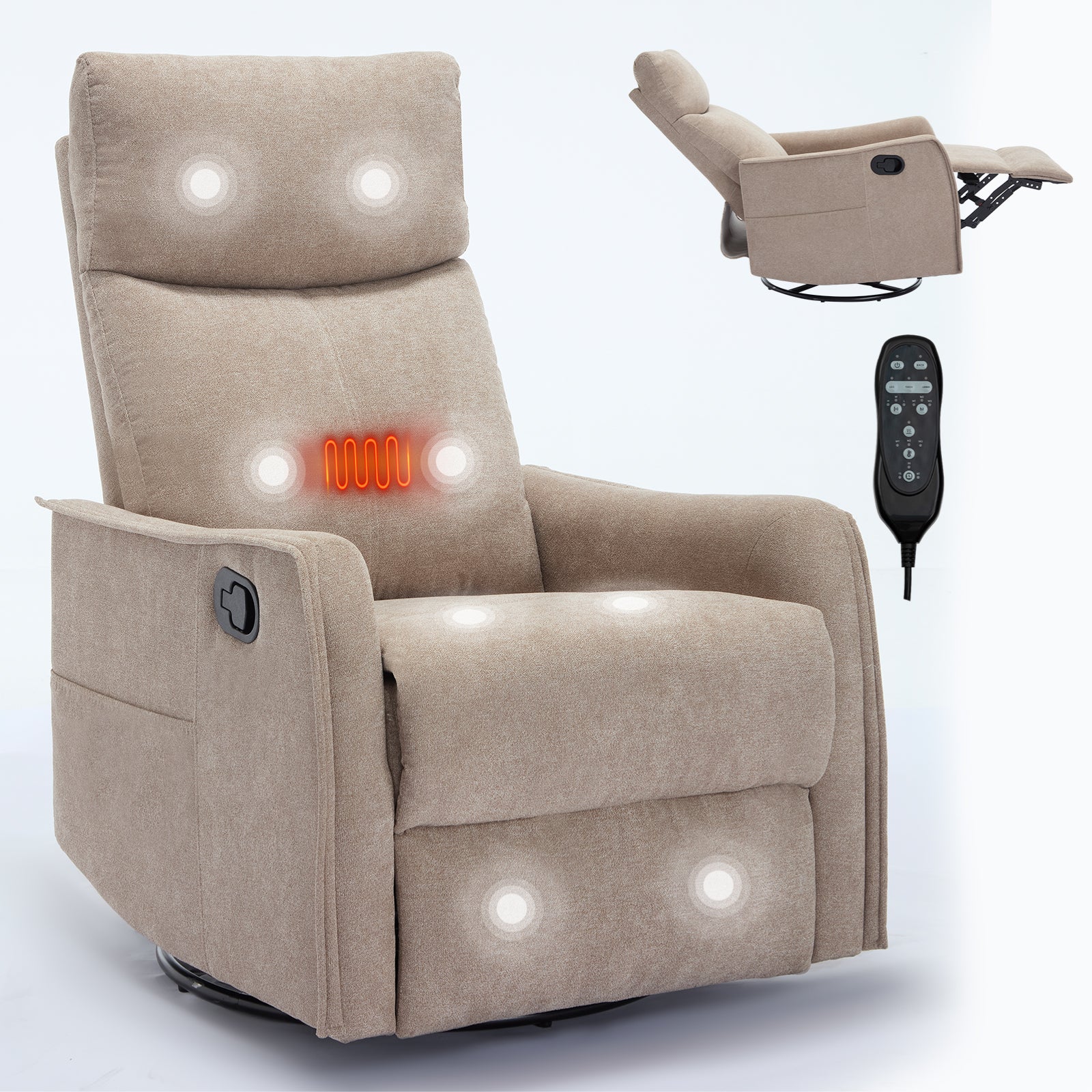 JXXRZ Heated Massage Swivel Rocker Recliner Chair w/ Manual Recline & Breathable Fabric, Khaki