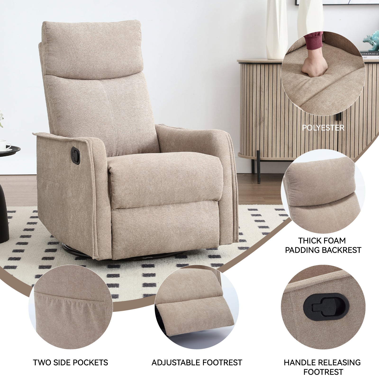 JXXRZ Heated Massage Swivel Rocker Recliner Chair w/ Manual Recline & Breathable Fabric, Khaki