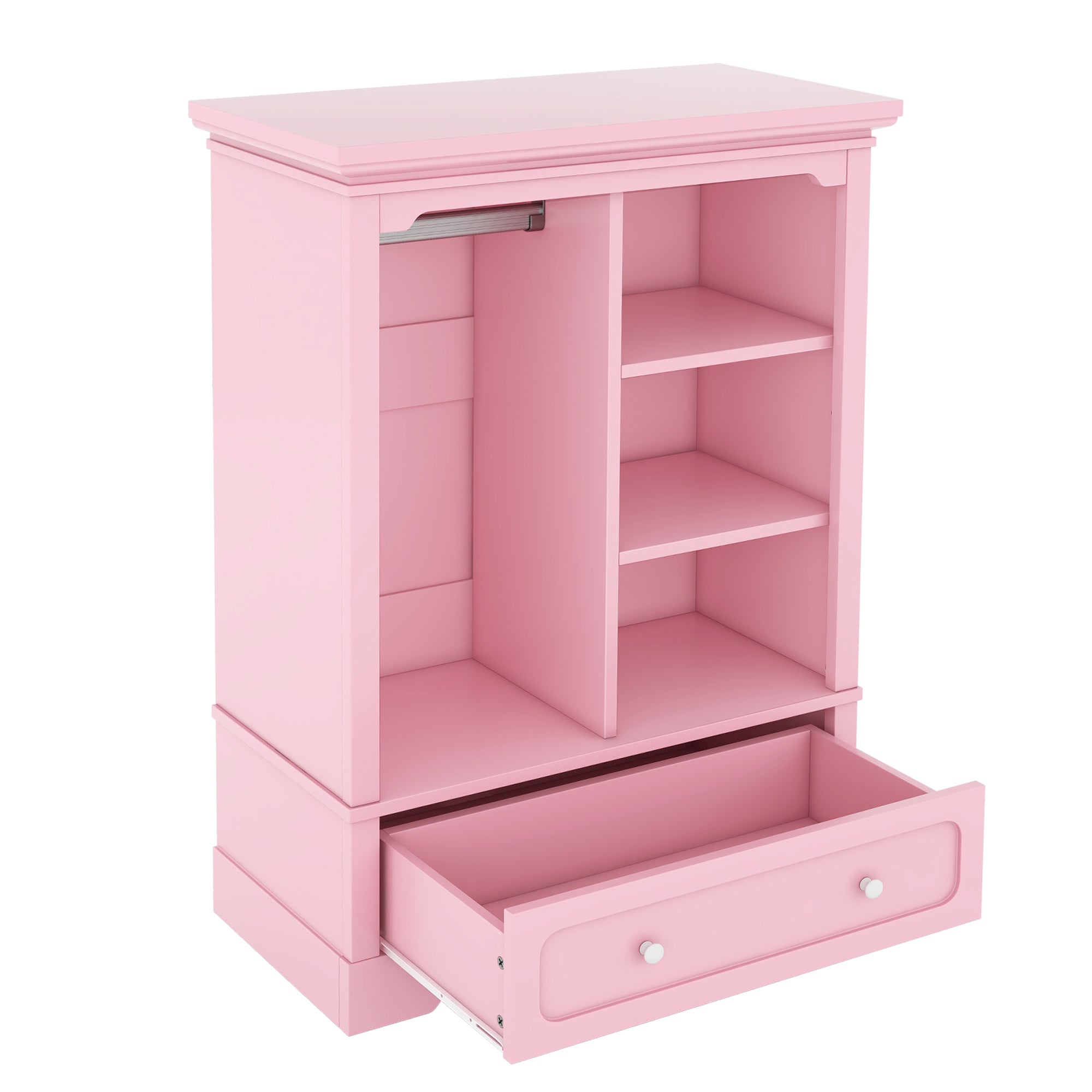 JXXRZ Kids Bedroom Armoire with Hanging Rod & XL Drawer - Montessori-Friendly Pink Wardrobe, Modern Nordic Nursery Decor