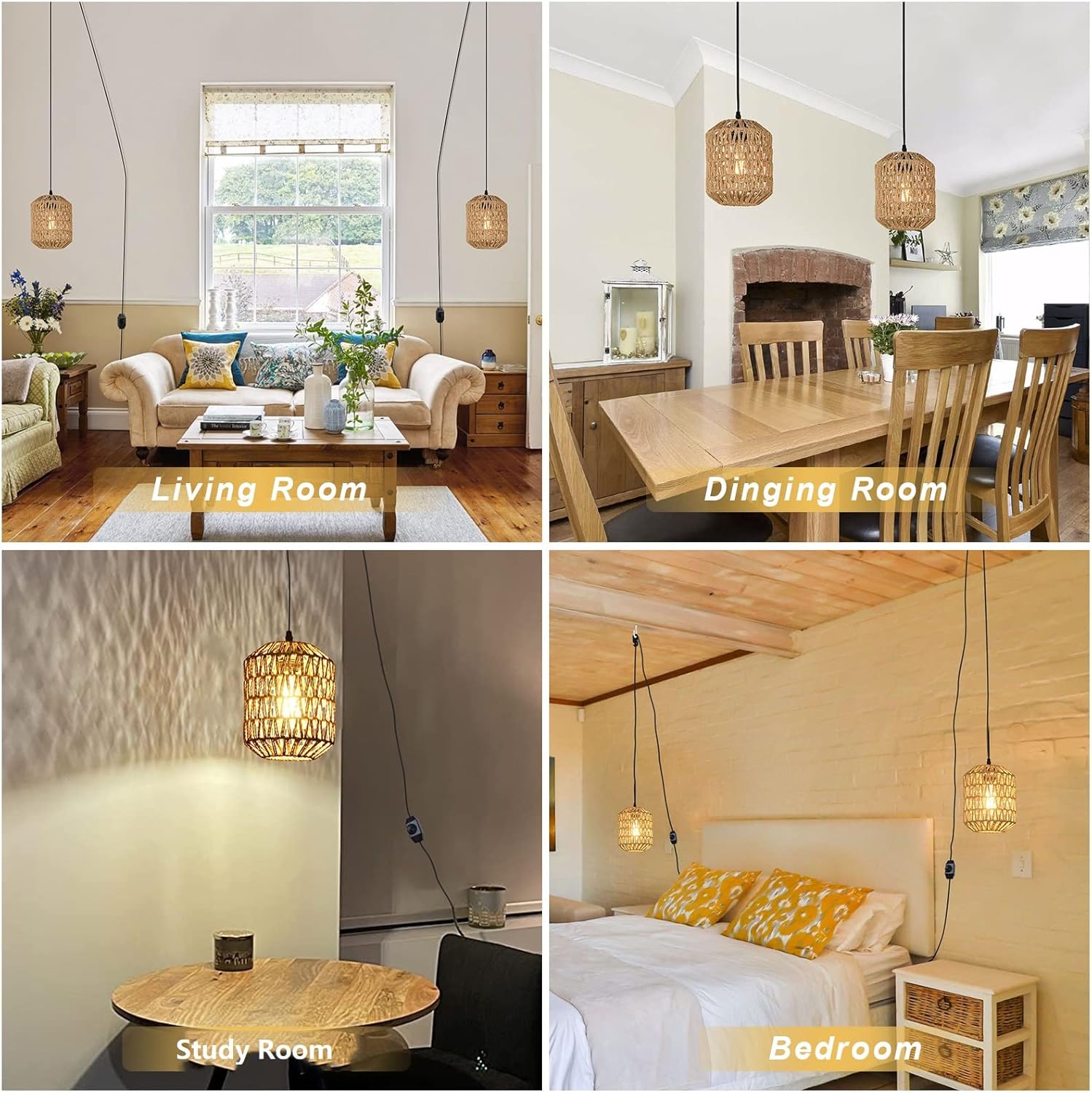 JXXRZ 16ft Plug-in Rattan Pendant Light with Dimmable LED, Boho Hanging Fixture for Bedroom/Patio