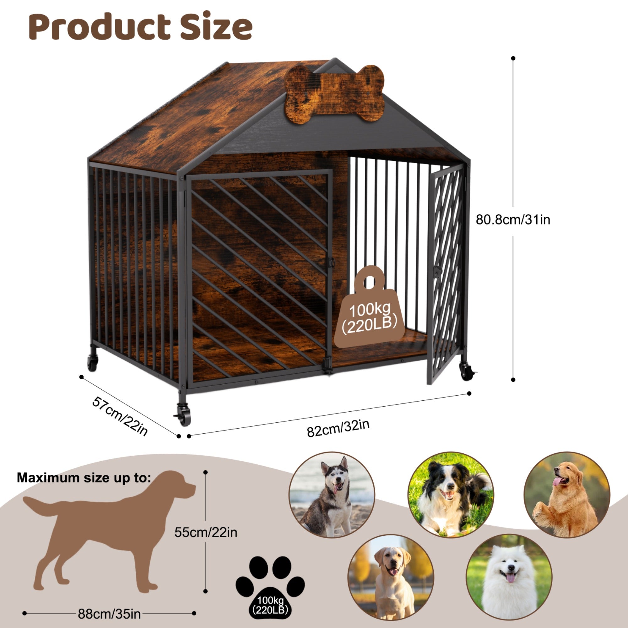 JXXRZ 32" Heavy Duty Dog Crate Furniture- Chew-Proof Double Door Indoor Kennel with Roof, Rustic Brown for Large Breeds