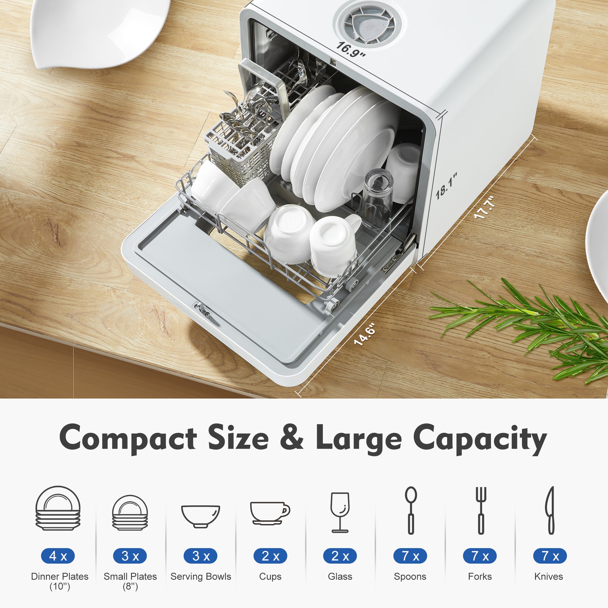 JXXRZ Portable Countertop Dishwasher 4.5L Tank, 6 Wash Programs, Air-Dry, Baby Care, Glass Door, for Apartments/RVs