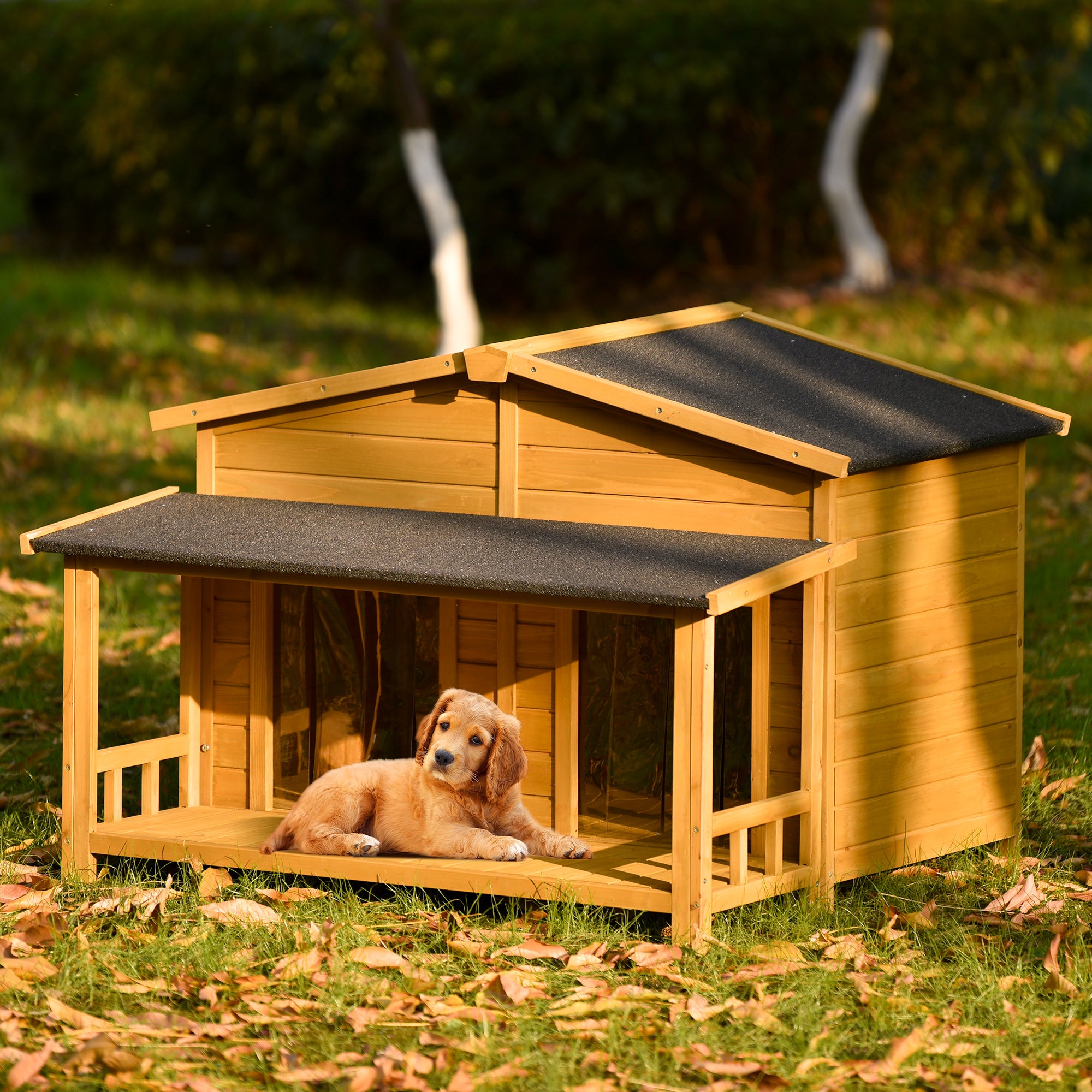 JXXRZ 47.2" Large Dog House Outdoor/Indoor, Fir Wood Cabin Kennel w/ Porch, 2 Doors, Asphalt Roof,Natural