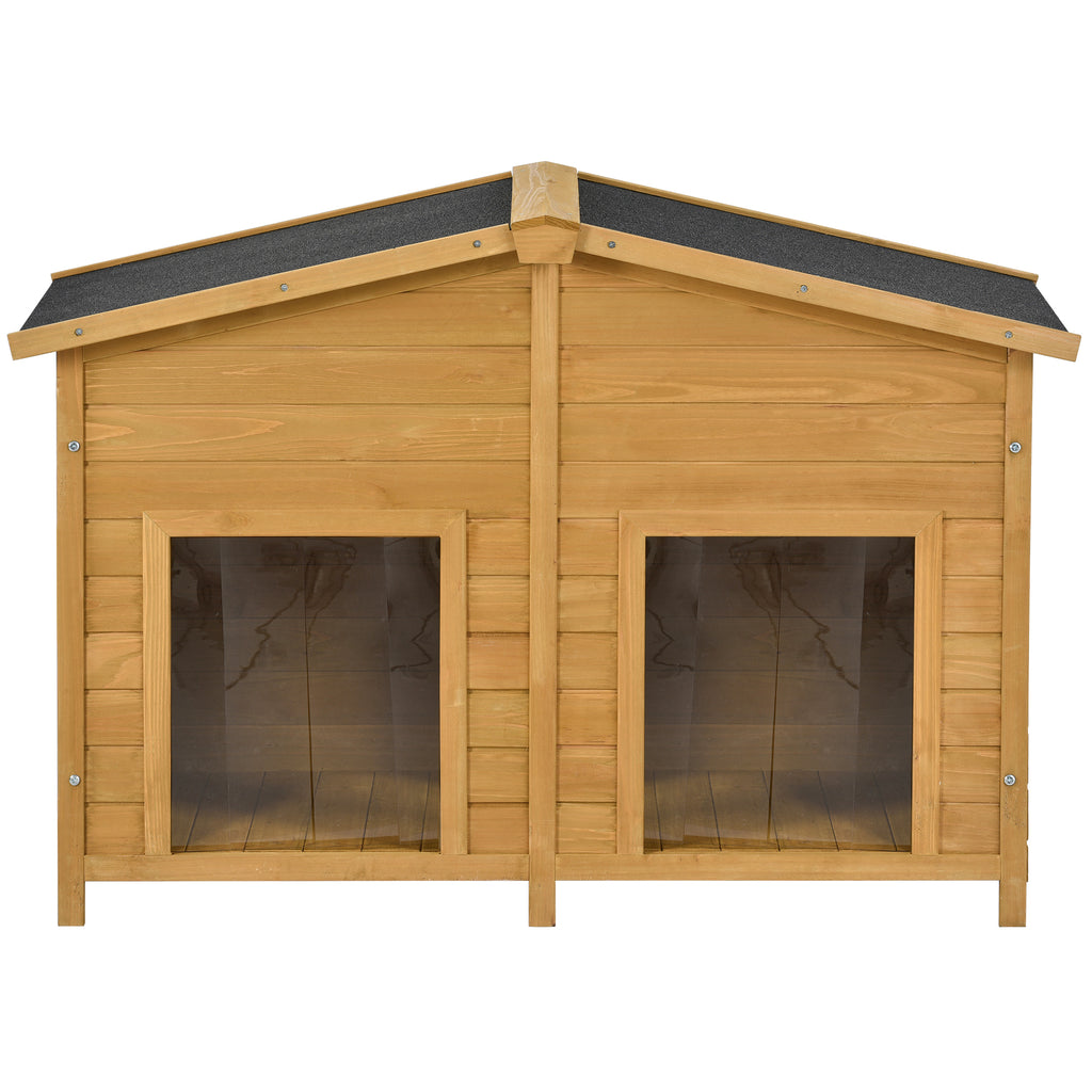JXXRZ 47.2" Large Dog House Outdoor/Indoor, Fir Wood Cabin Kennel w/ Porch, 2 Doors, Asphalt Roof,Natural