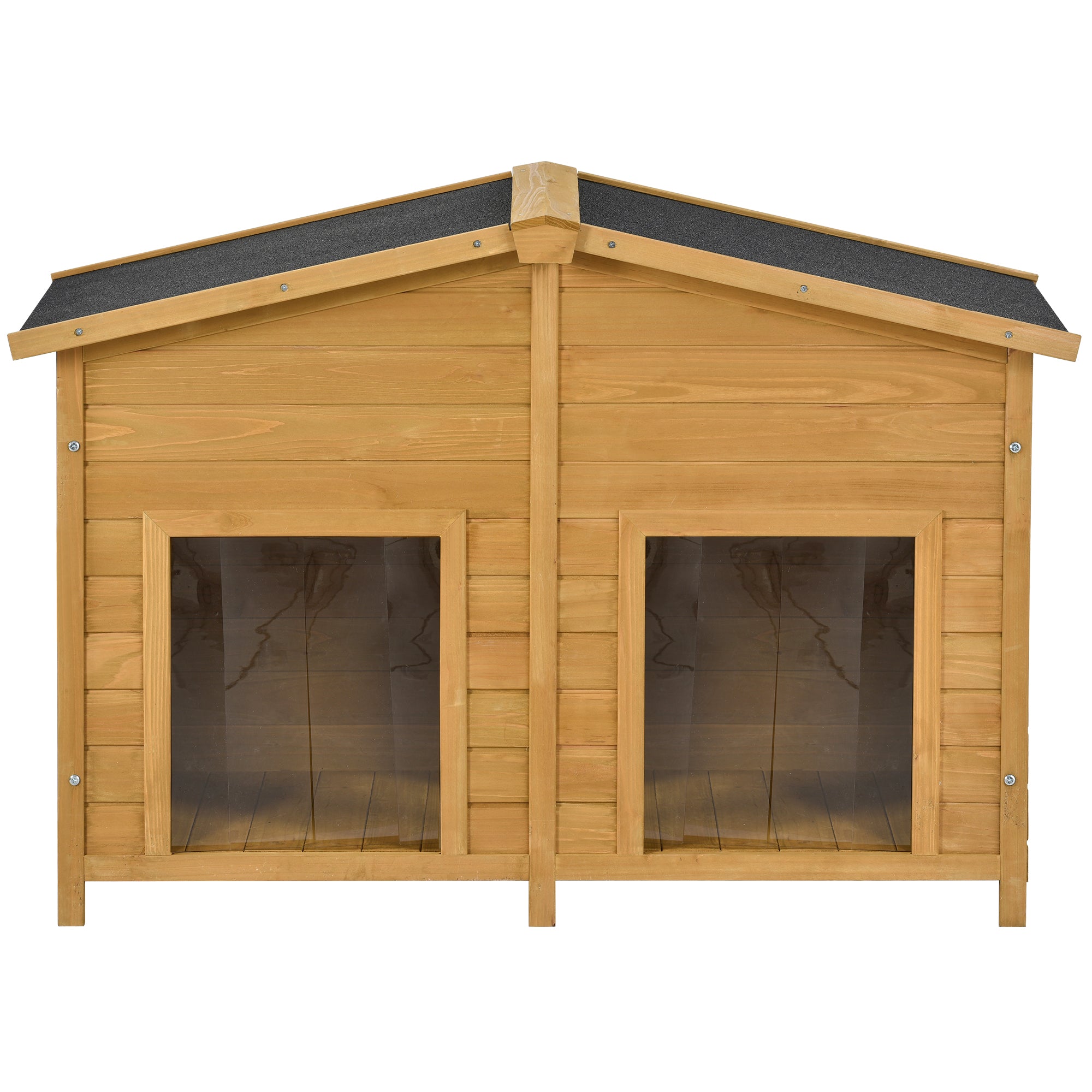JXXRZ 47.2" Large Dog House Outdoor/Indoor, Fir Wood Cabin Kennel w/ Porch, 2 Doors, Asphalt Roof,Natural