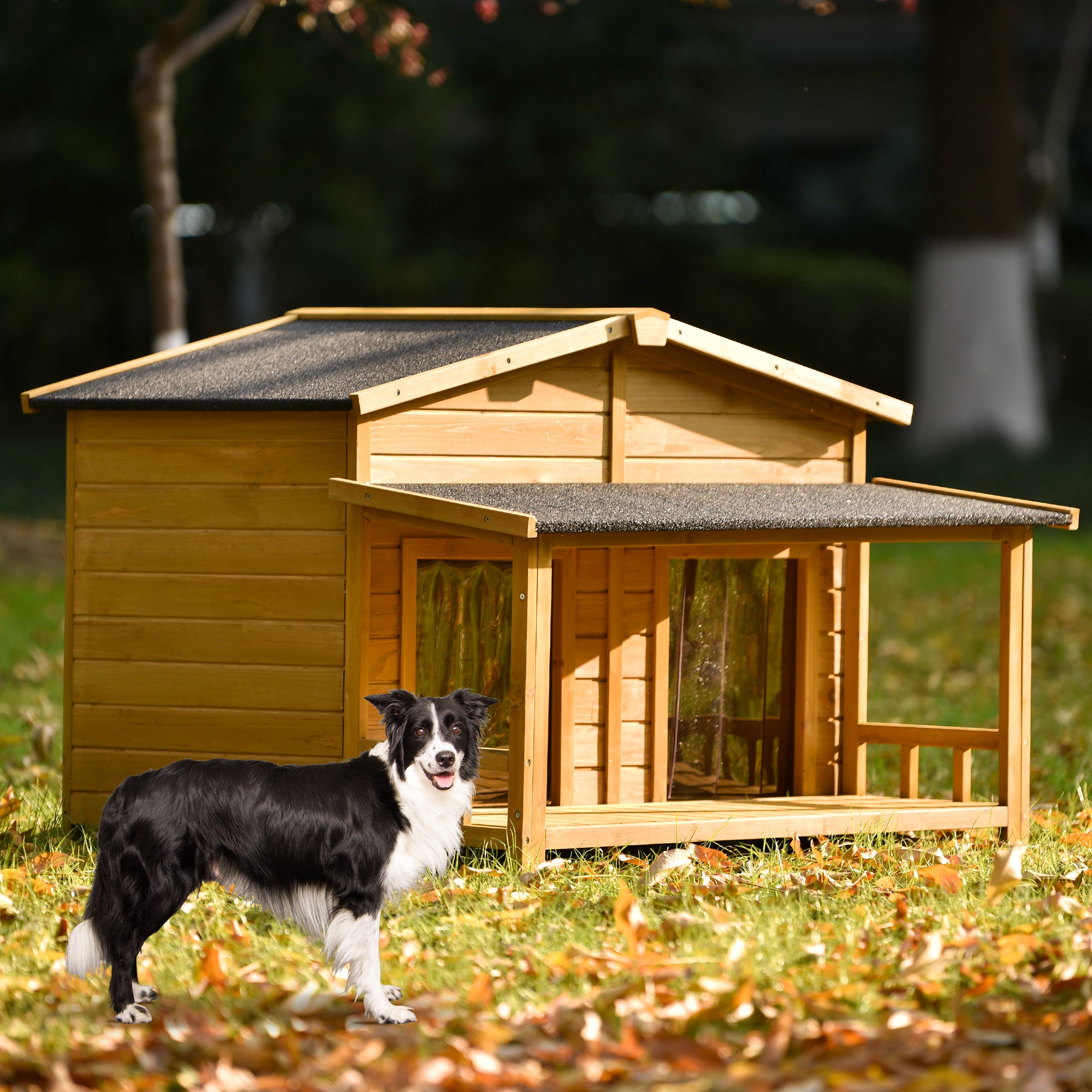 JXXRZ 47.2" Large Dog House Outdoor/Indoor, Fir Wood Cabin Kennel w/ Porch, 2 Doors, Asphalt Roof,Natural
