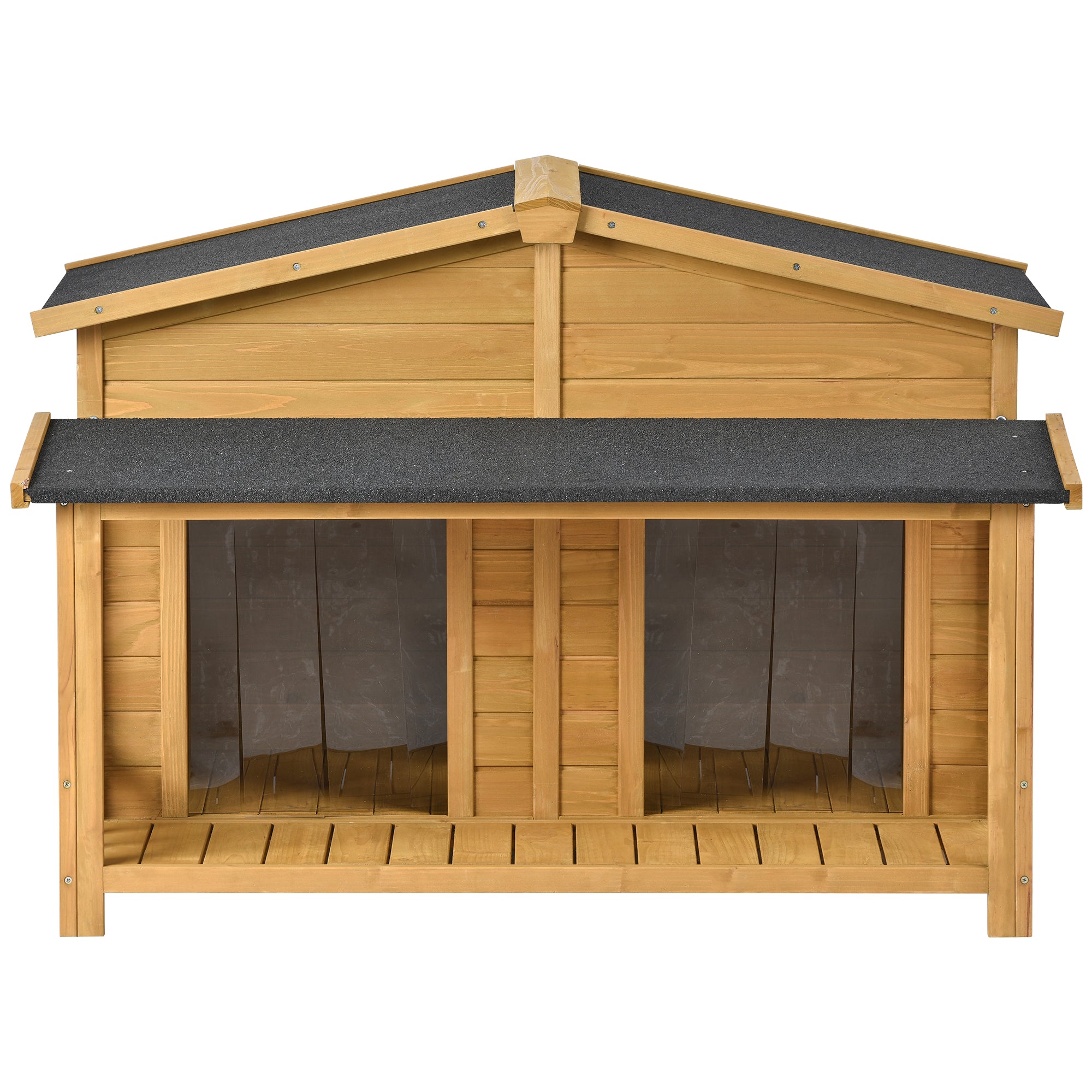 JXXRZ 47.2" Large Dog House Outdoor/Indoor, Fir Wood Cabin Kennel w/ Porch, 2 Doors, Asphalt Roof,Natural