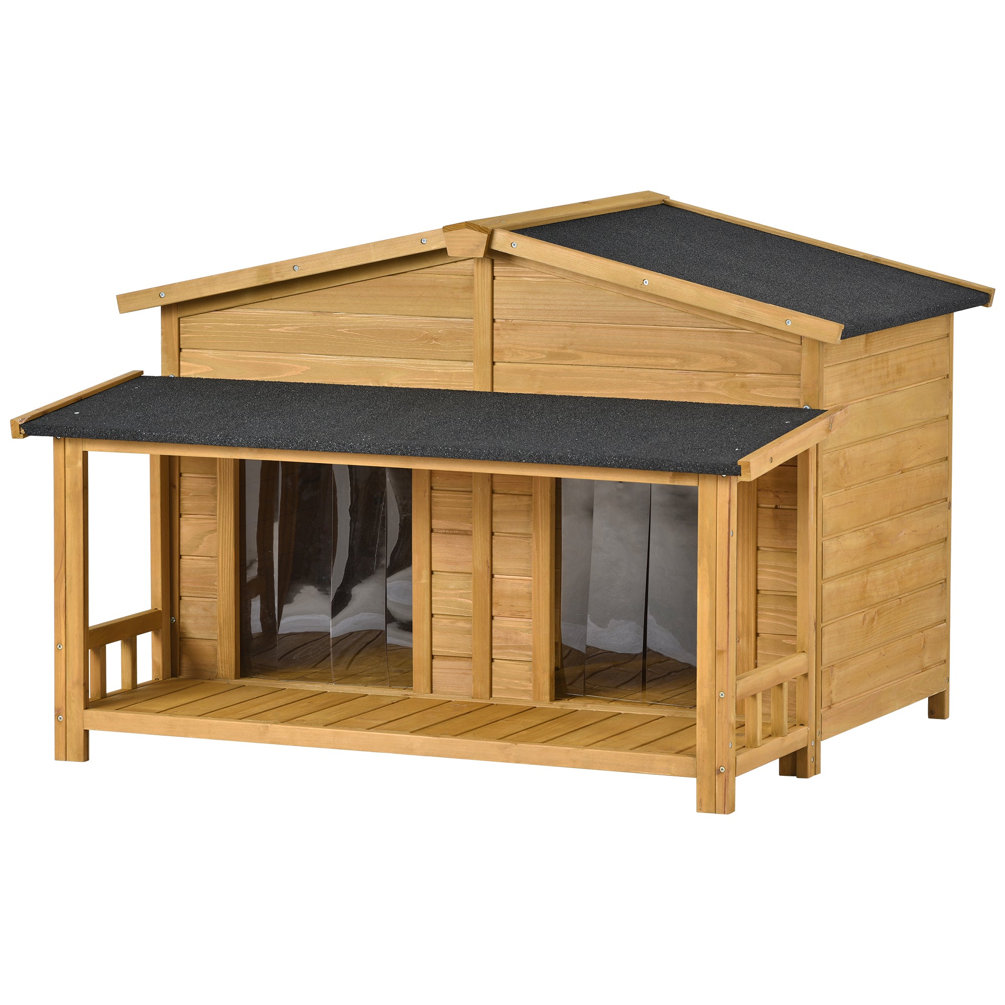 JXXRZ 47.2" Large Dog House Outdoor/Indoor, Fir Wood Cabin Kennel w/ Porch, 2 Doors, Asphalt Roof,Natural
