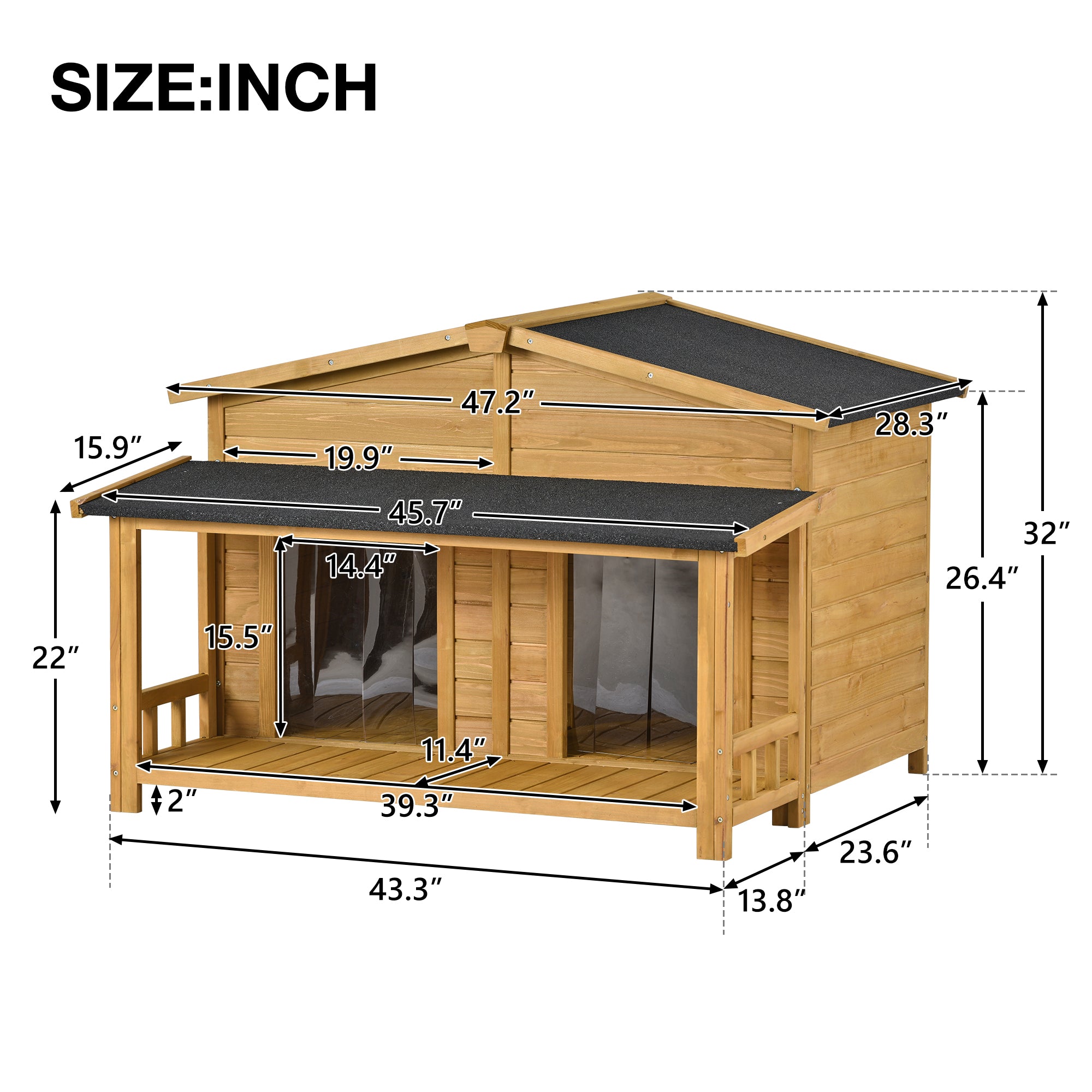 JXXRZ 47.2" Large Dog House Outdoor/Indoor, Fir Wood Cabin Kennel w/ Porch, 2 Doors, Asphalt Roof,Natural