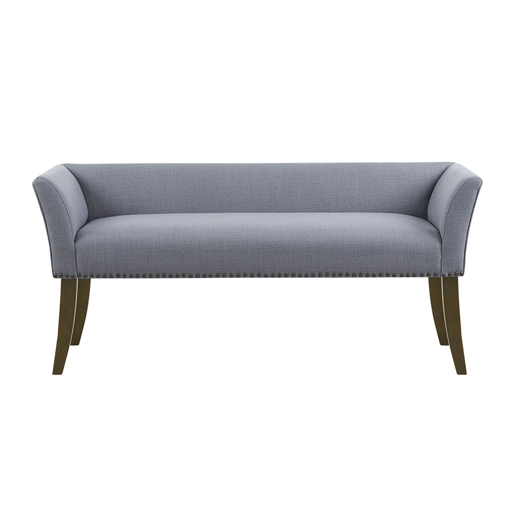 JXXRZ Slate Blue Upholstered Bench with Dark Wood Legs & Nailhead Trim, End of Bed Bench with Armrests for Bedroom, Living Room, Entryway