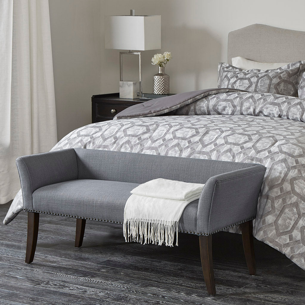 JXXRZ Slate Blue Upholstered Bench with Dark Wood Legs & Nailhead Trim, End of Bed Bench with Armrests for Bedroom, Living Room, Entryway