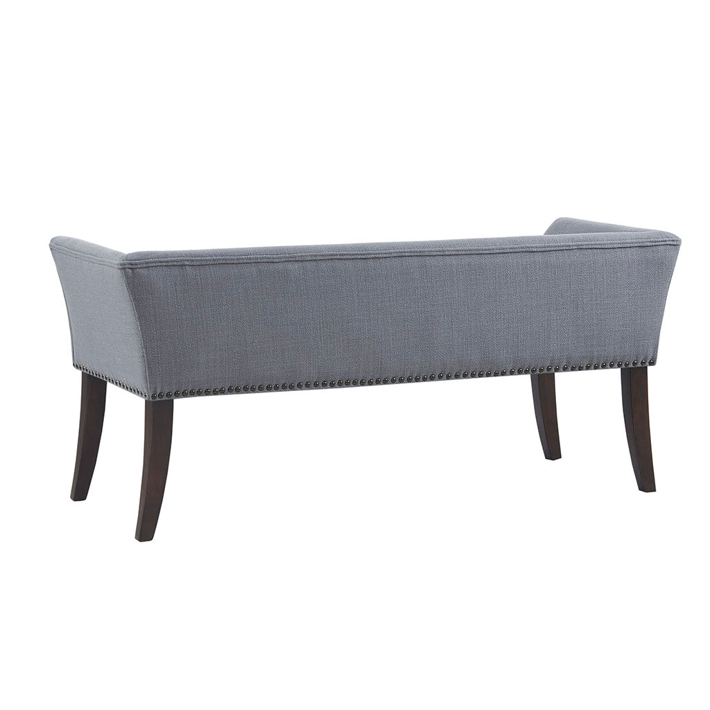 JXXRZ Slate Blue Upholstered Bench with Dark Wood Legs & Nailhead Trim, End of Bed Bench with Armrests for Bedroom, Living Room, Entryway