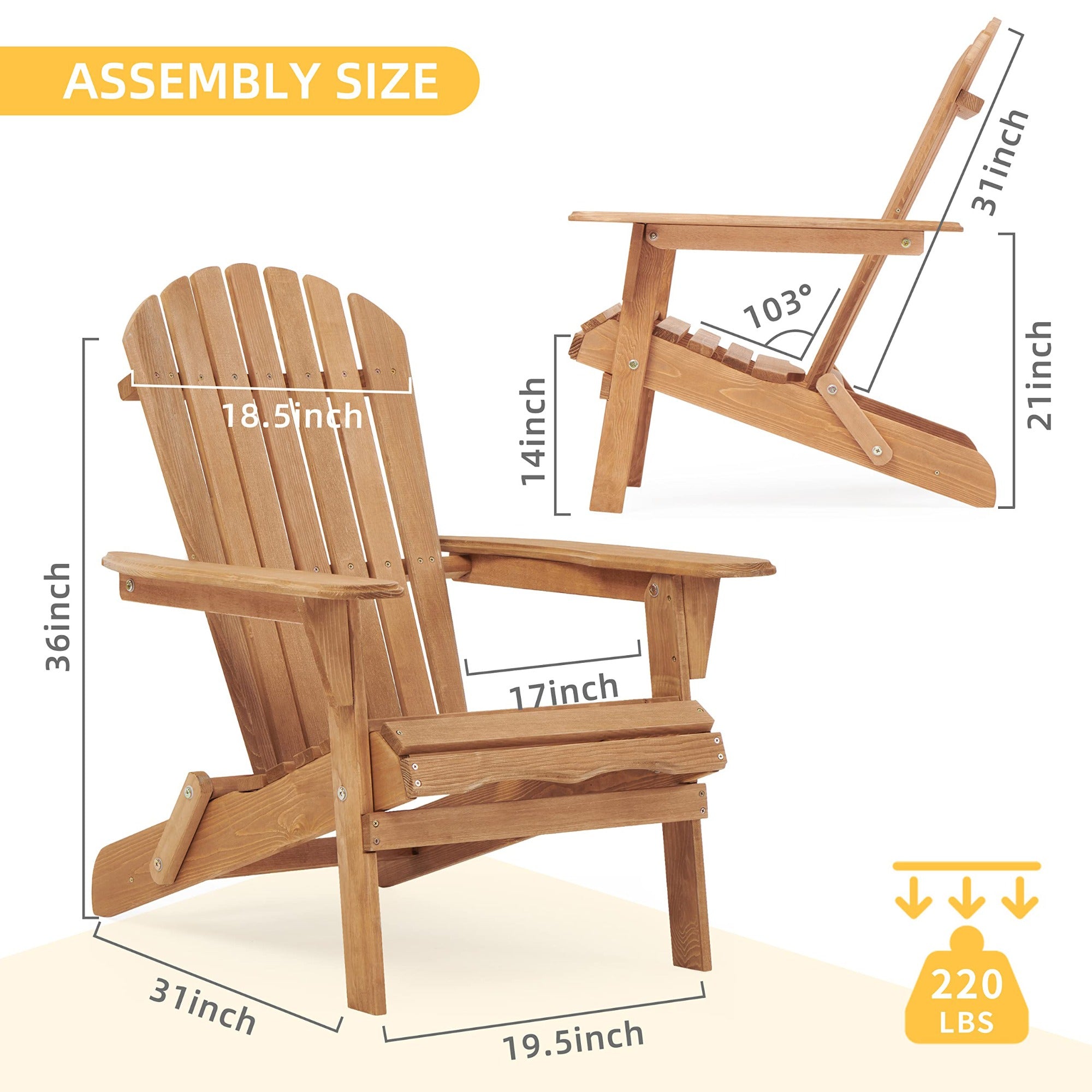 JXXRZ Wooden Folding Adirondack Chairs – Solid Cedar Outdoor Patio Garden Lounge,Natural (Set of 2)