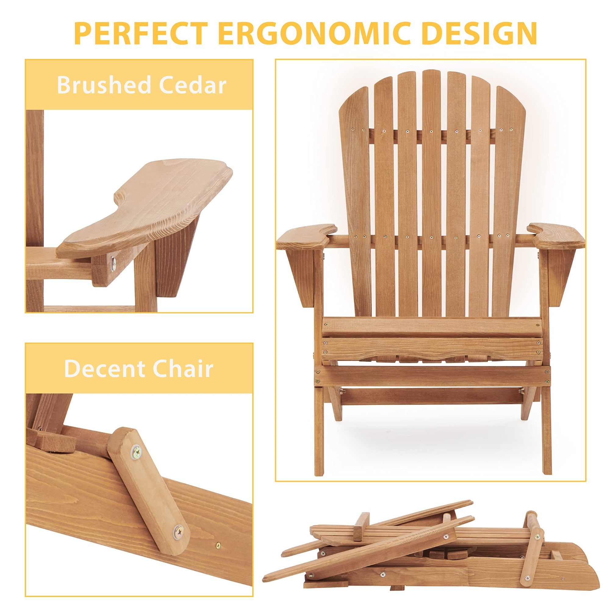 JXXRZ Wooden Folding Adirondack Chairs – Solid Cedar Outdoor Patio Garden Lounge,Natural (Set of 2)