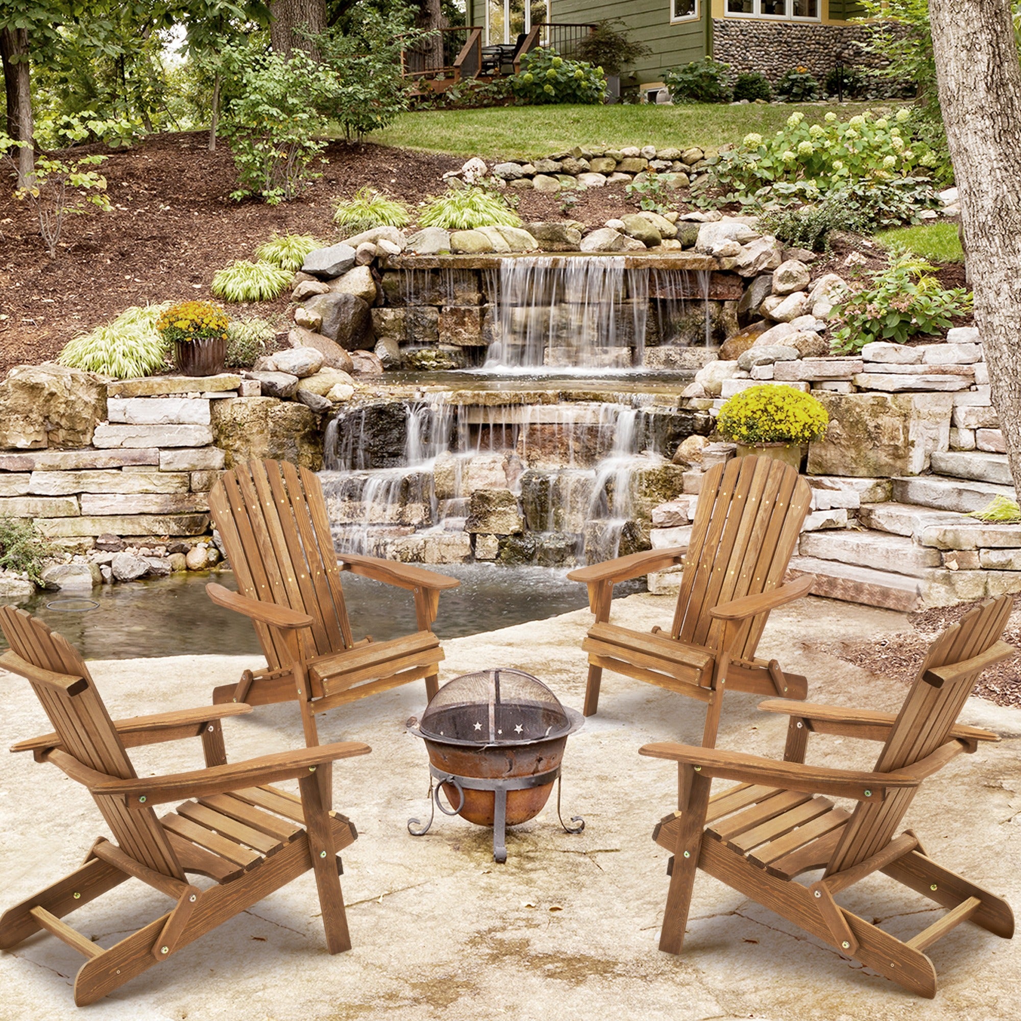 JXXRZ Wooden Folding Adirondack Chairs – Solid Cedar Outdoor Patio Garden Lounge,Natural (Set of 2)