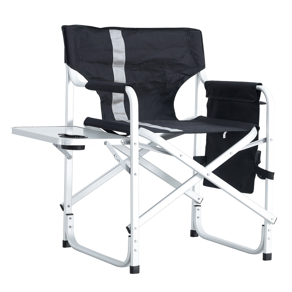 JXXRZ 1 Pc Oversized Folding Camping Chair with Side Table & Storage Pockets, Lightweight Directors Chair for Indoor Outdoor Use, Black