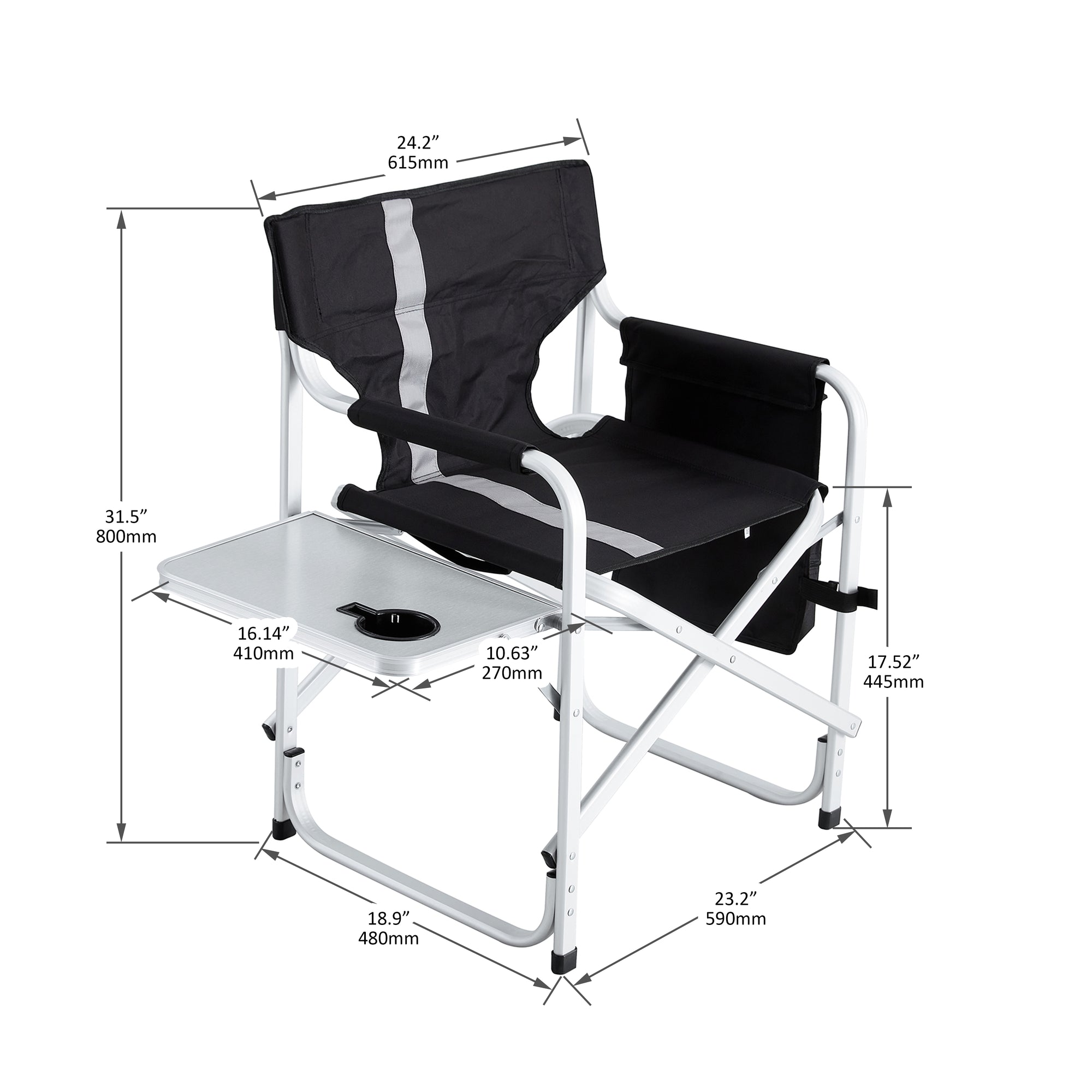 JXXRZ 1 Pc Oversized Folding Camping Chair with Side Table & Storage Pockets, Lightweight Directors Chair for Indoor Outdoor Use, Black