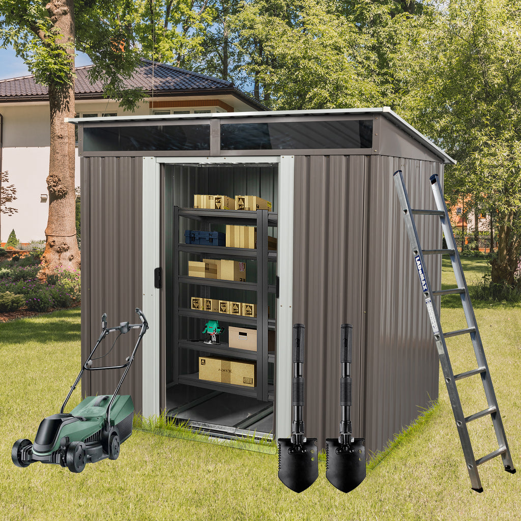 JXXRZ 6x5 ft Outdoor Metal Storage Shed, with Transparent plate, Sloped Top, Grey