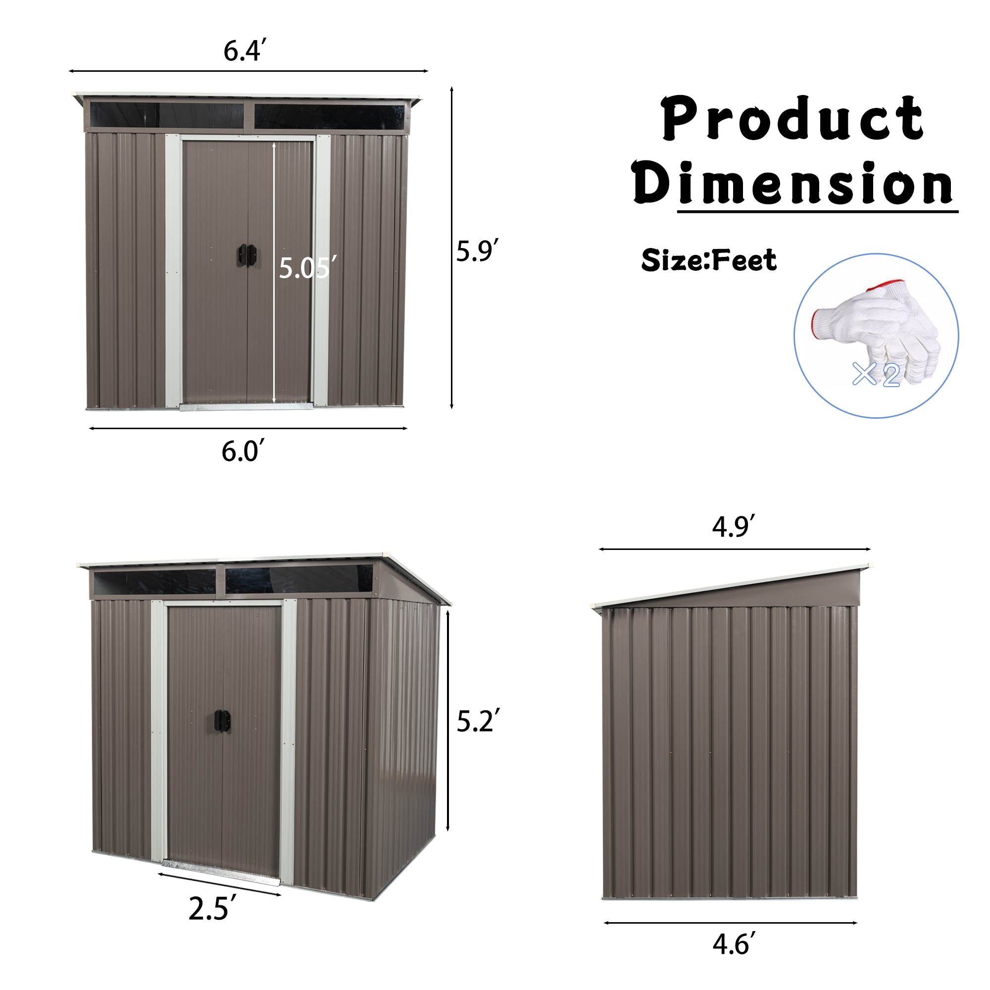 JXXRZ 6x5 ft Outdoor Metal Storage Shed, with Transparent plate, Sloped Top, Grey