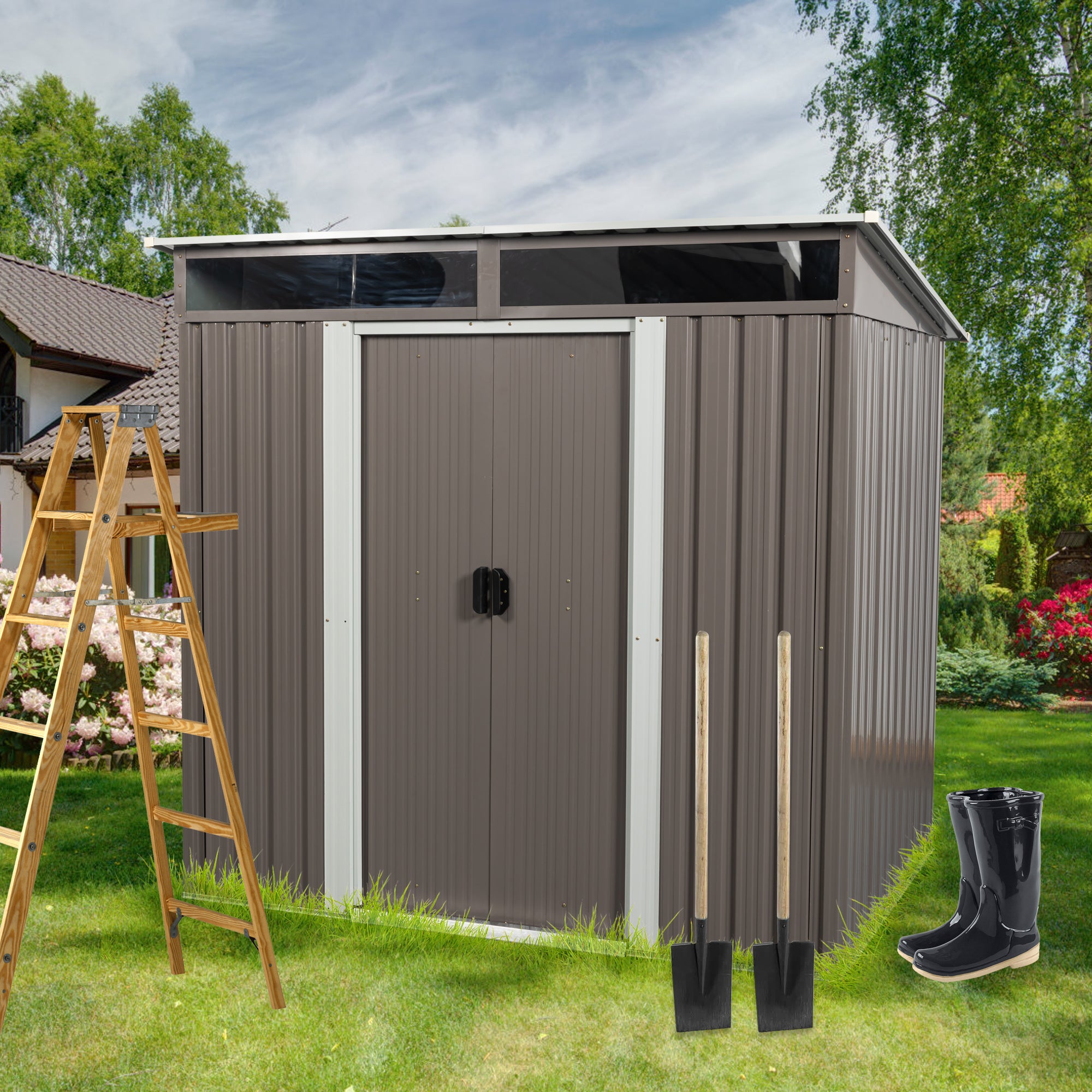 JXXRZ 6x5 ft Outdoor Metal Storage Shed, with Transparent plate, Sloped Top, Grey