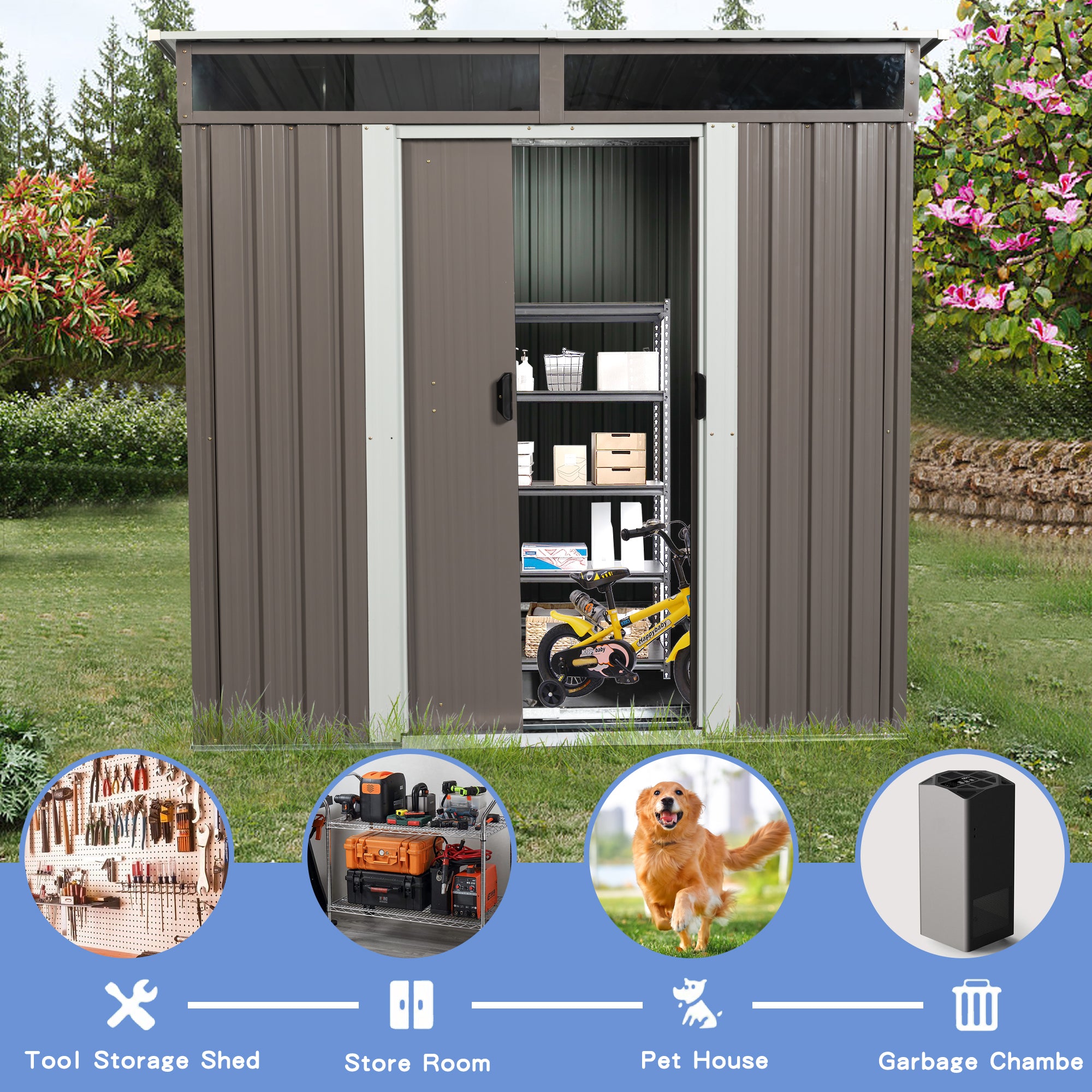 JXXRZ 6x5 ft Outdoor Metal Storage Shed, with Transparent plate, Sloped Top, Grey