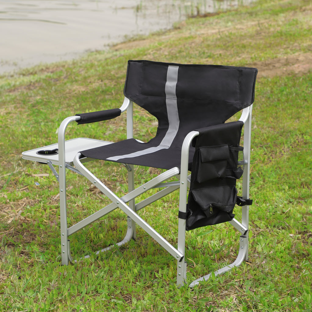 JXXRZ 1 Pc Oversized Folding Camping Chair with Side Table & Storage Pockets, Lightweight Directors Chair for Indoor Outdoor Use, Black