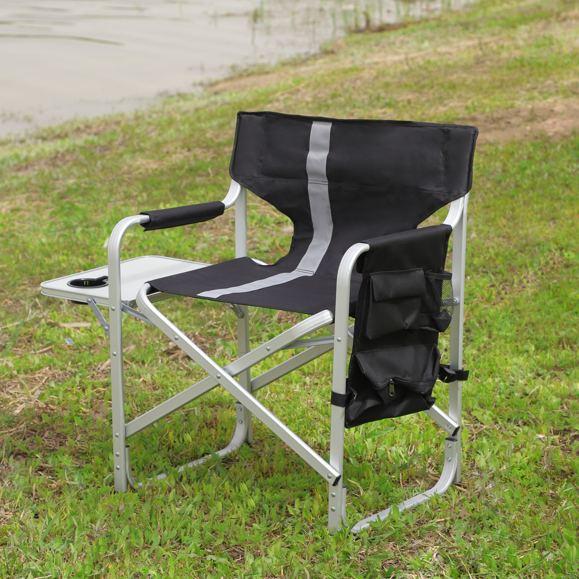 JXXRZ 1 Pc Oversized Folding Camping Chair with Side Table & Storage Pockets, Lightweight Directors Chair for Indoor Outdoor Use, Black
