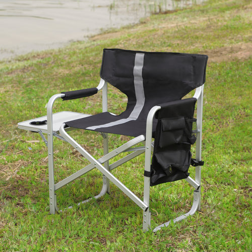 JXXRZ 1 Pc Oversized Folding Camping Chair with Side Table & Storage Pockets, Lightweight Directors Chair for Indoor Outdoor Use, Black