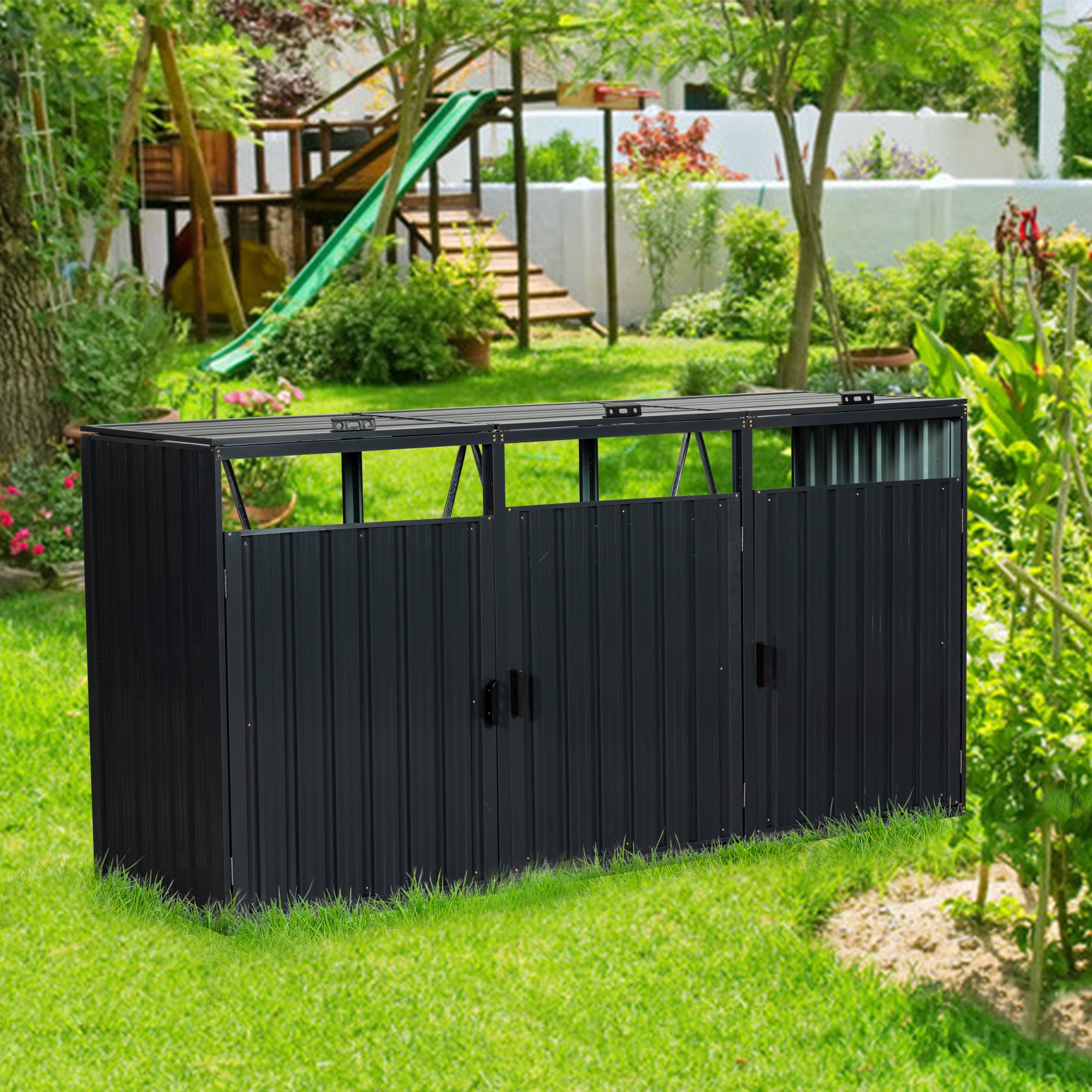 JXXRZ Metal Garbage Bin Shed for 3 Trash Cans with Lockable Doors and Lids,Galvanized Steel Garbage Bin Storage Shed for Garden Yard Lawn, Black