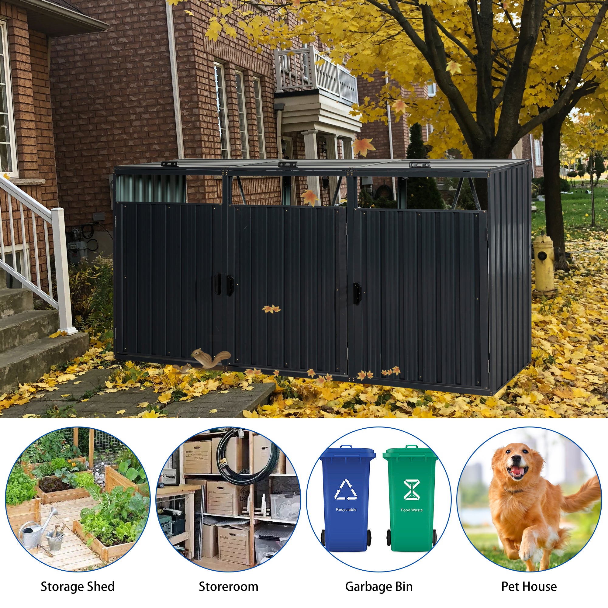 JXXRZ Metal Garbage Bin Shed for 3 Trash Cans with Lockable Doors and Lids,Galvanized Steel Garbage Bin Storage Shed for Garden Yard Lawn, Black