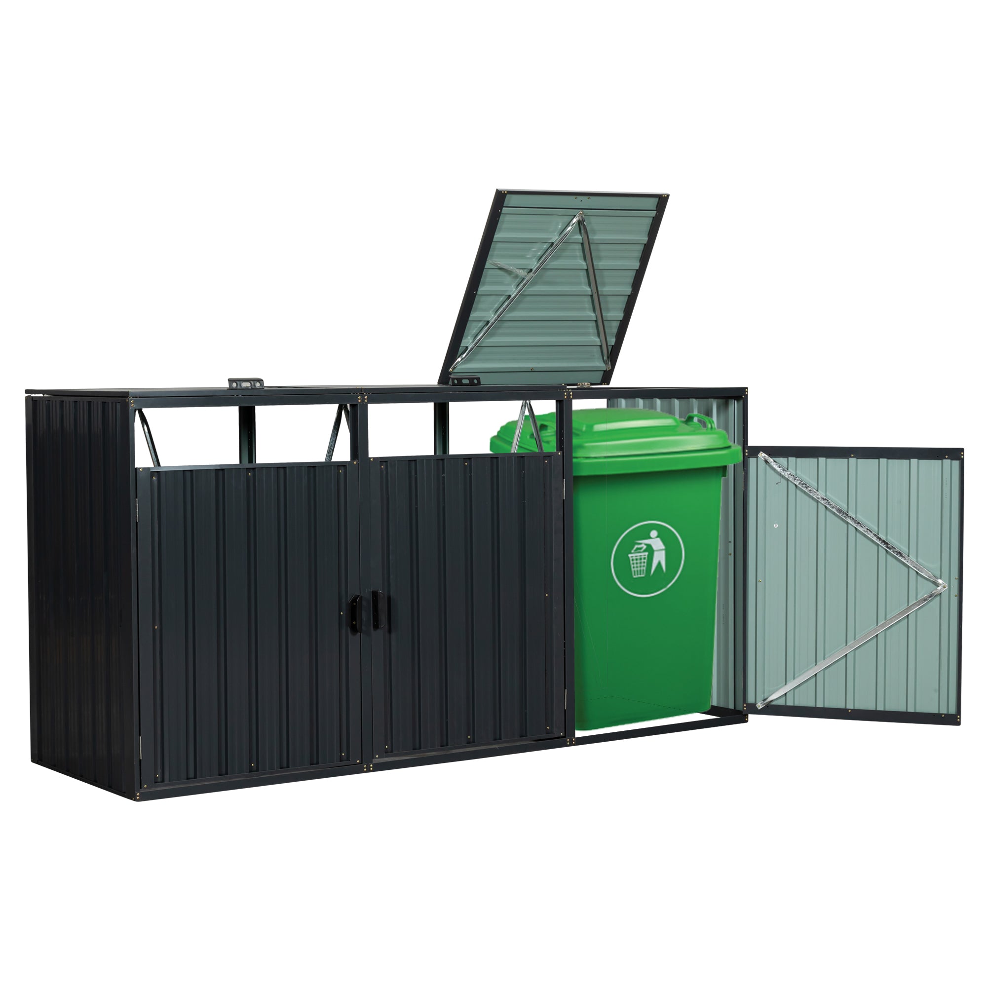 JXXRZ Metal Garbage Bin Shed for 3 Trash Cans with Lockable Doors and Lids,Galvanized Steel Garbage Bin Storage Shed for Garden Yard Lawn, Black