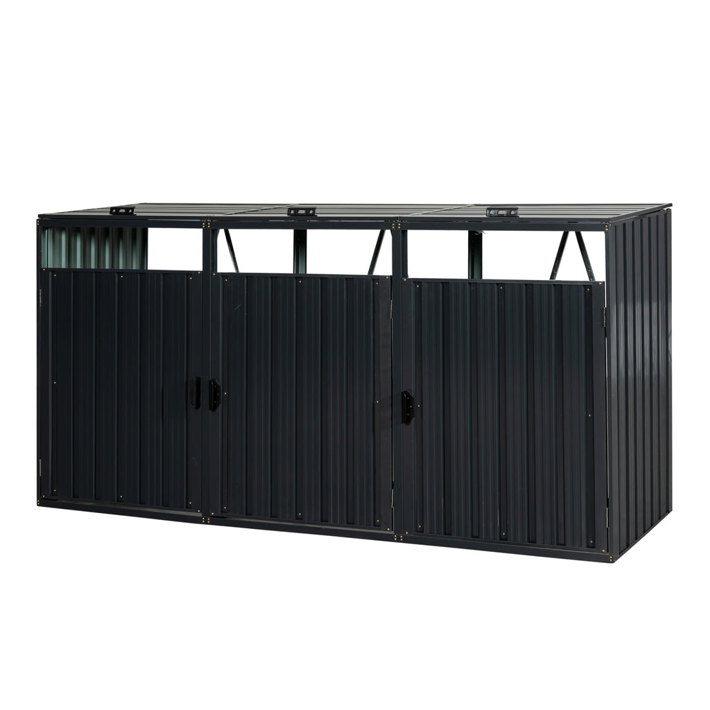 JXXRZ Metal Garbage Bin Shed for 3 Trash Cans with Lockable Doors and Lids,Galvanized Steel Garbage Bin Storage Shed for Garden Yard Lawn, Black